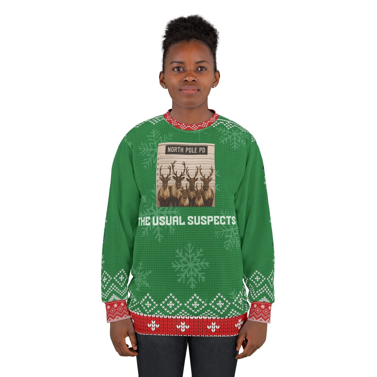 Funny Reindeer Christmas Sweater – “North Pole PD: The Usual Suspects” Ugly Christmas Sweatshirt | Hilarious Holiday Party Sweater for Men & Women