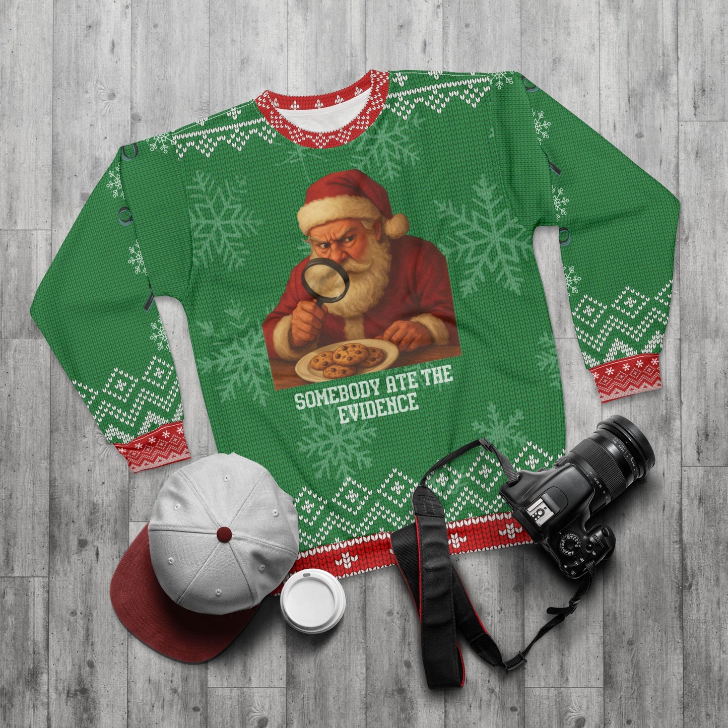Funny Santa Christmas Sweater – “Somebody Ate the Evidence” Ugly Christmas Sweatshirt | Hilarious Holiday Sweater for Cookie & True Crime Lovers