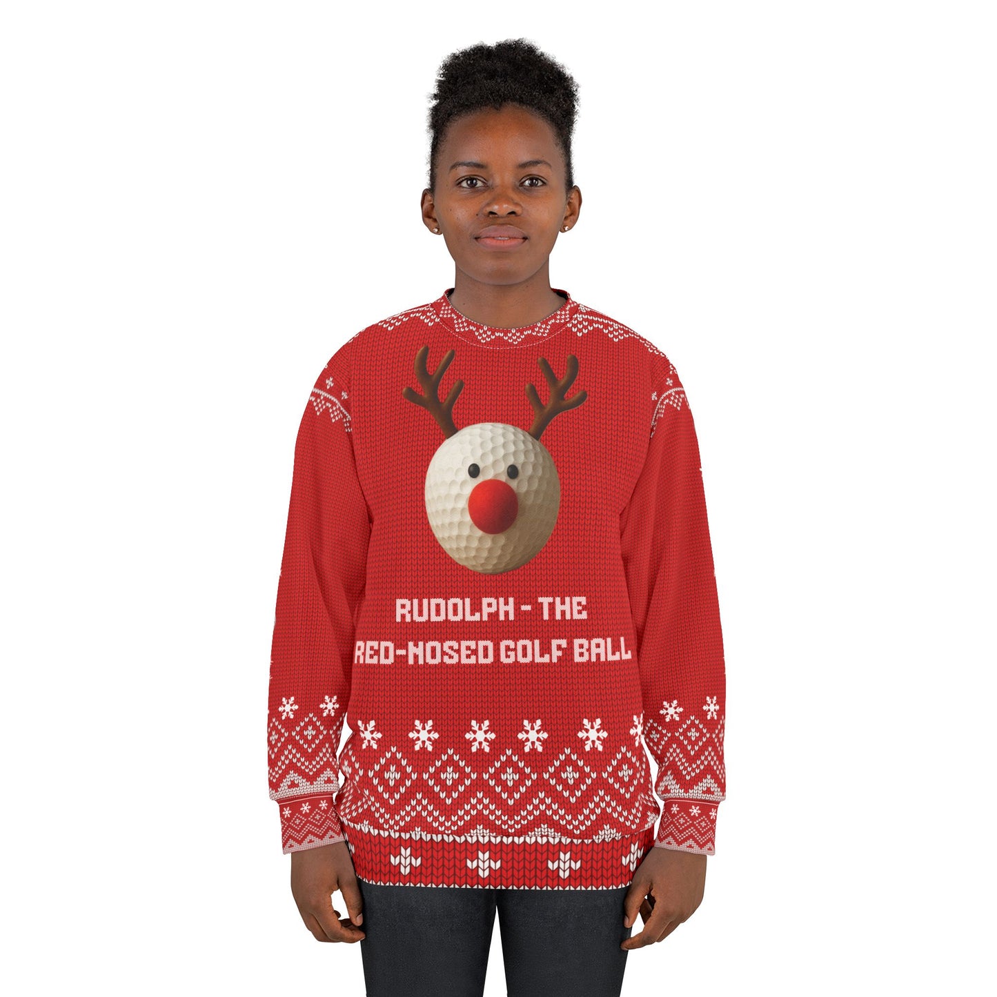 Rudolph the Red-Nosed Golf Ball Ugly Christmas Sweater – Funny Golf Christmas Sweatshirt | Holiday Sweater for Golfers & Christmas Party Gift for Him or Her