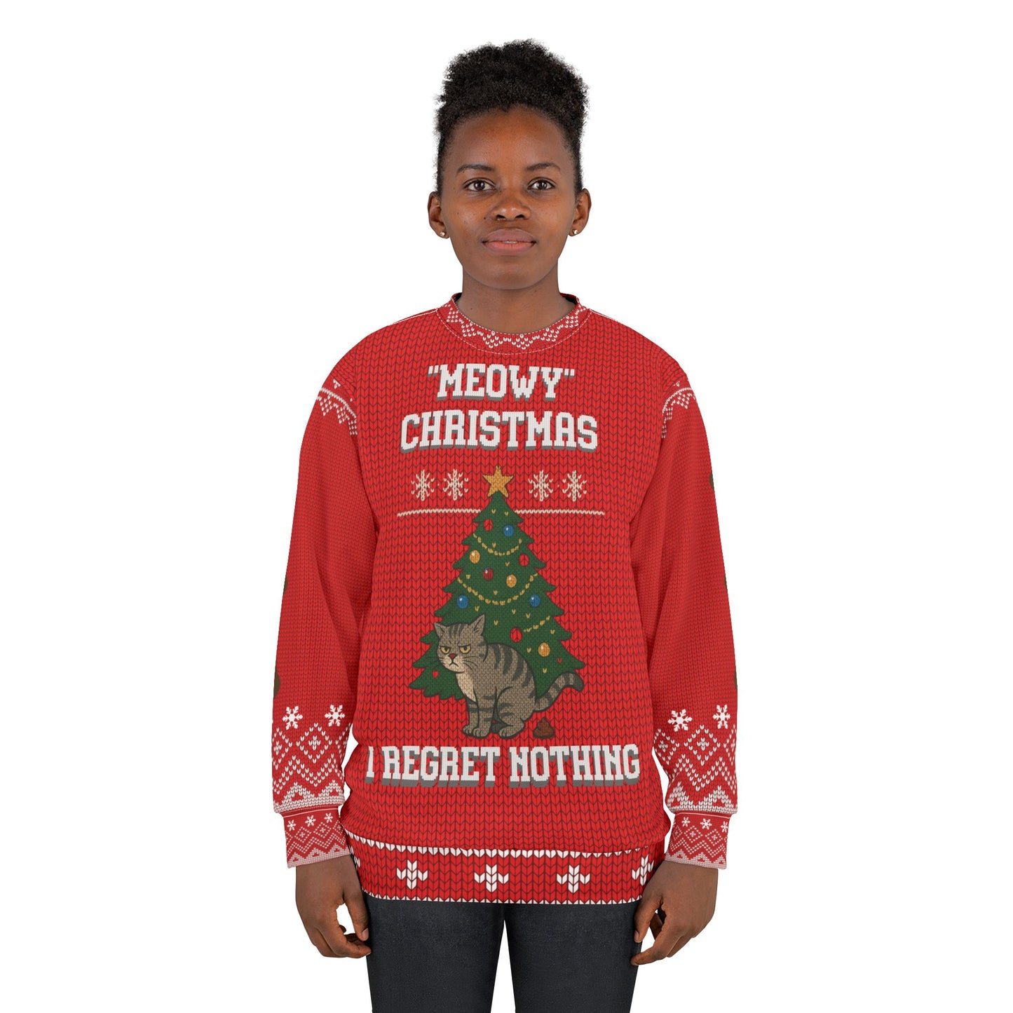 Meowy Christmas Cat Ugly Christmas Sweater | Funny Cat Lover Holiday Sweatshirt | I Regret Nothing Naughty Cat Christmas Gift