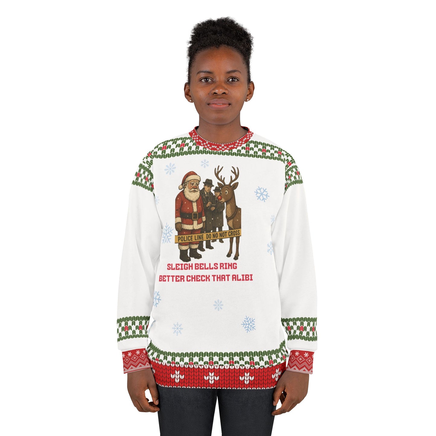 Crime Show Christmas Sweater • “Better Check That Alibi” Santa & Reindeer Sweatshirt • Funny True Crime Holiday Sweater • Dark Humor Xmas Gift