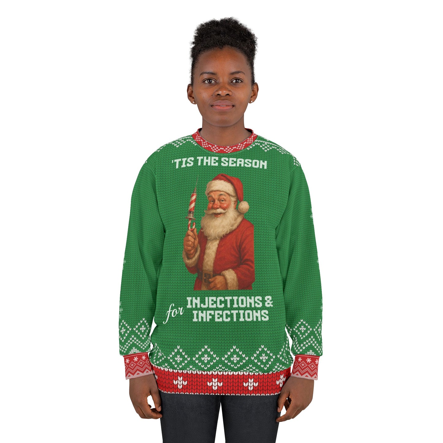 Santa Nurse Christmas Sweater | ’Tis the Season for Injections & Infections | Funny Medical Ugly Xmas Sweater | RN LPN CNA Doctor Holiday Gift