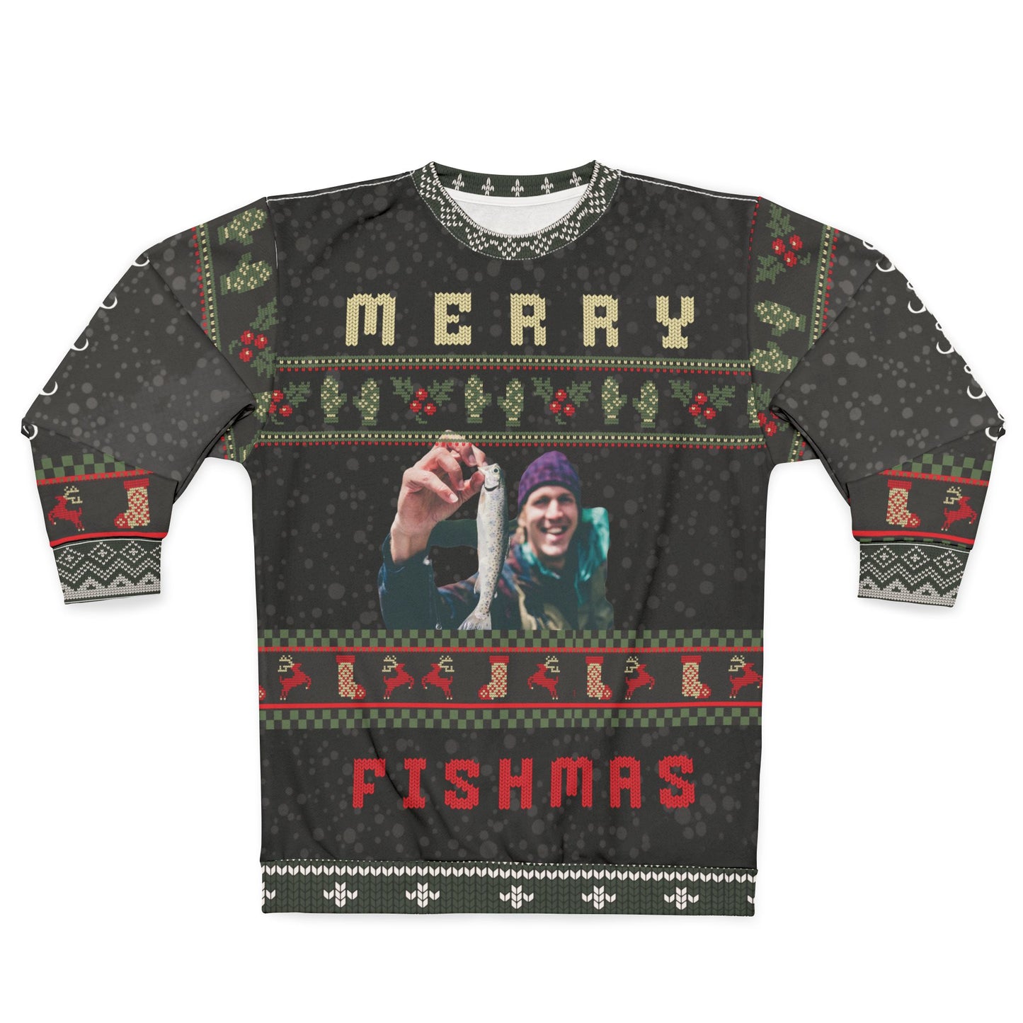 UGLY Christmas Sweater - Merry FISHMAS - Great gift for the Big-Mouthed Fisher in your Life!