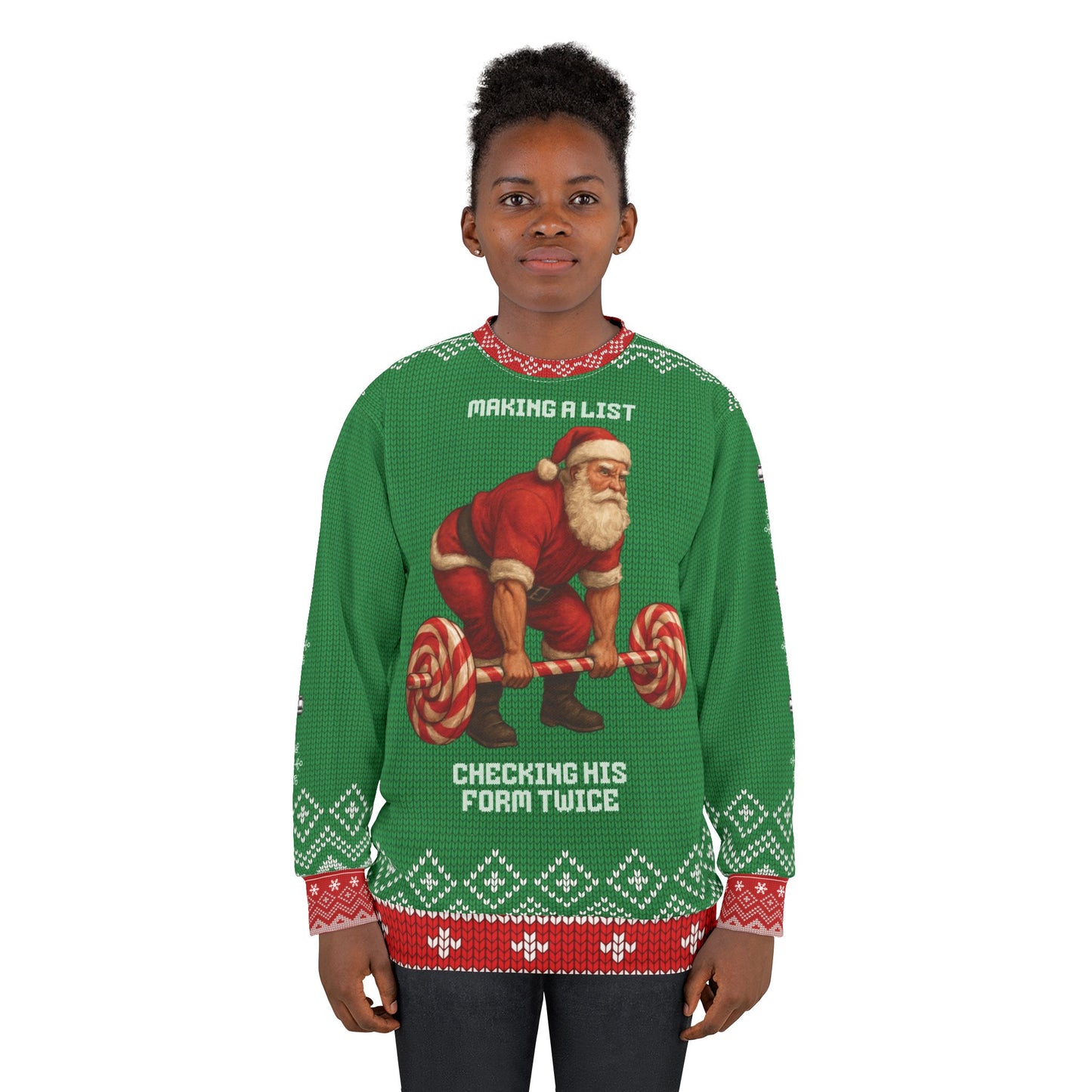 Making a List Checking His Form Twice Funny CrossFit Ugly Christmas Sweater – Gym Lover Holiday Sweatshirt, Santa Weightlifting Xmas Gift