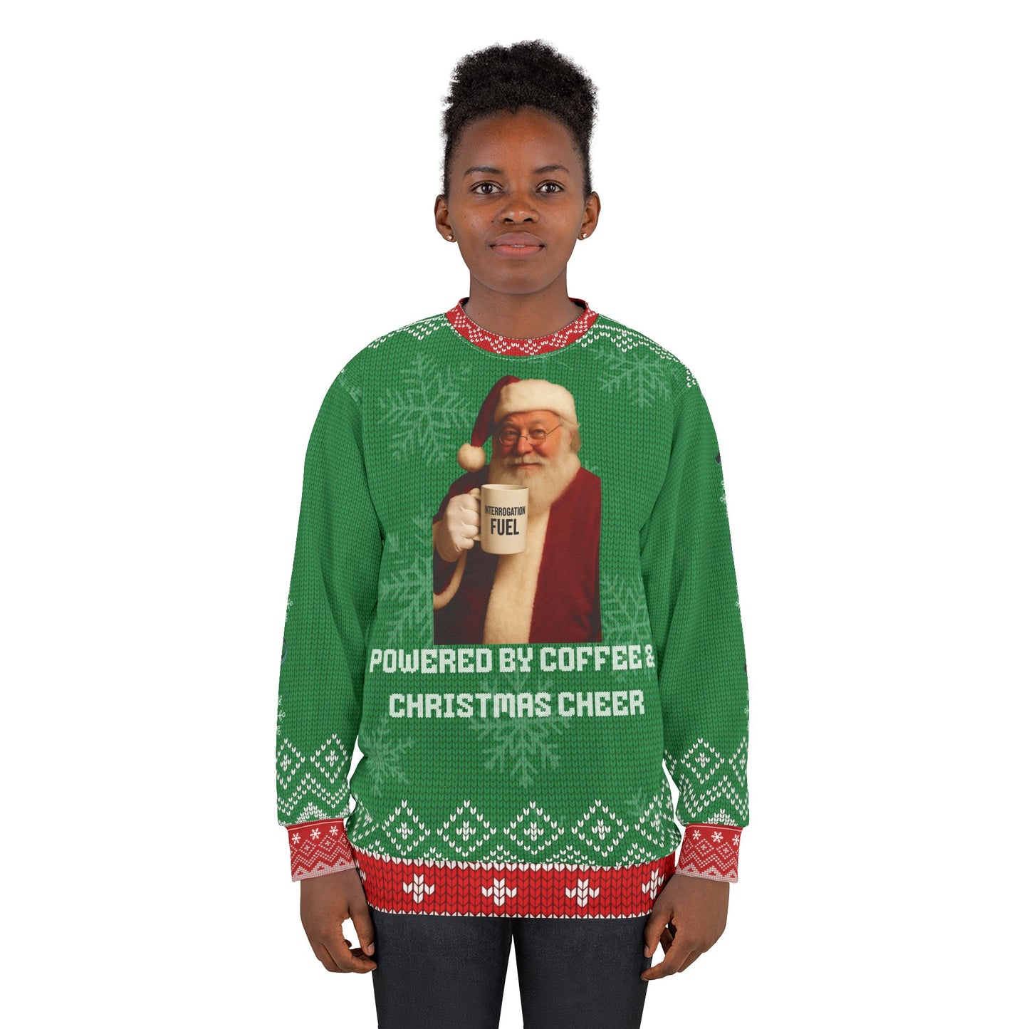 Powered by Coffee & Christmas Cheer Ugly Christmas Sweater – Funny Santa Crime Show Sweatshirt | “Interrogation Fuel” Holiday Sweater for True Crime Fans