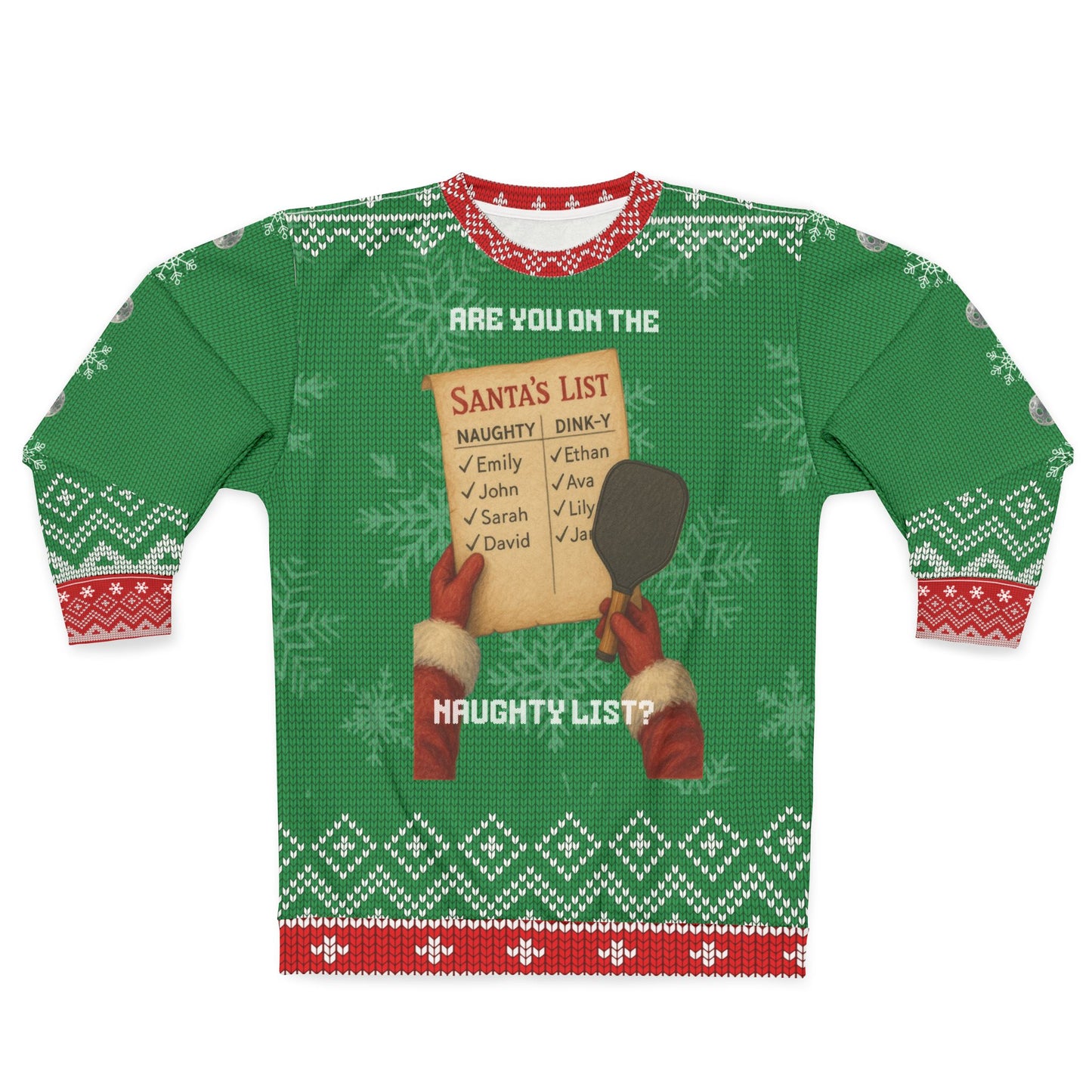 Funny Pickleball Ugly Christmas Sweater | Santa’s Naughty or Dink-y List Sweatshirt | Holiday Gift for Pickleball Players & Fans