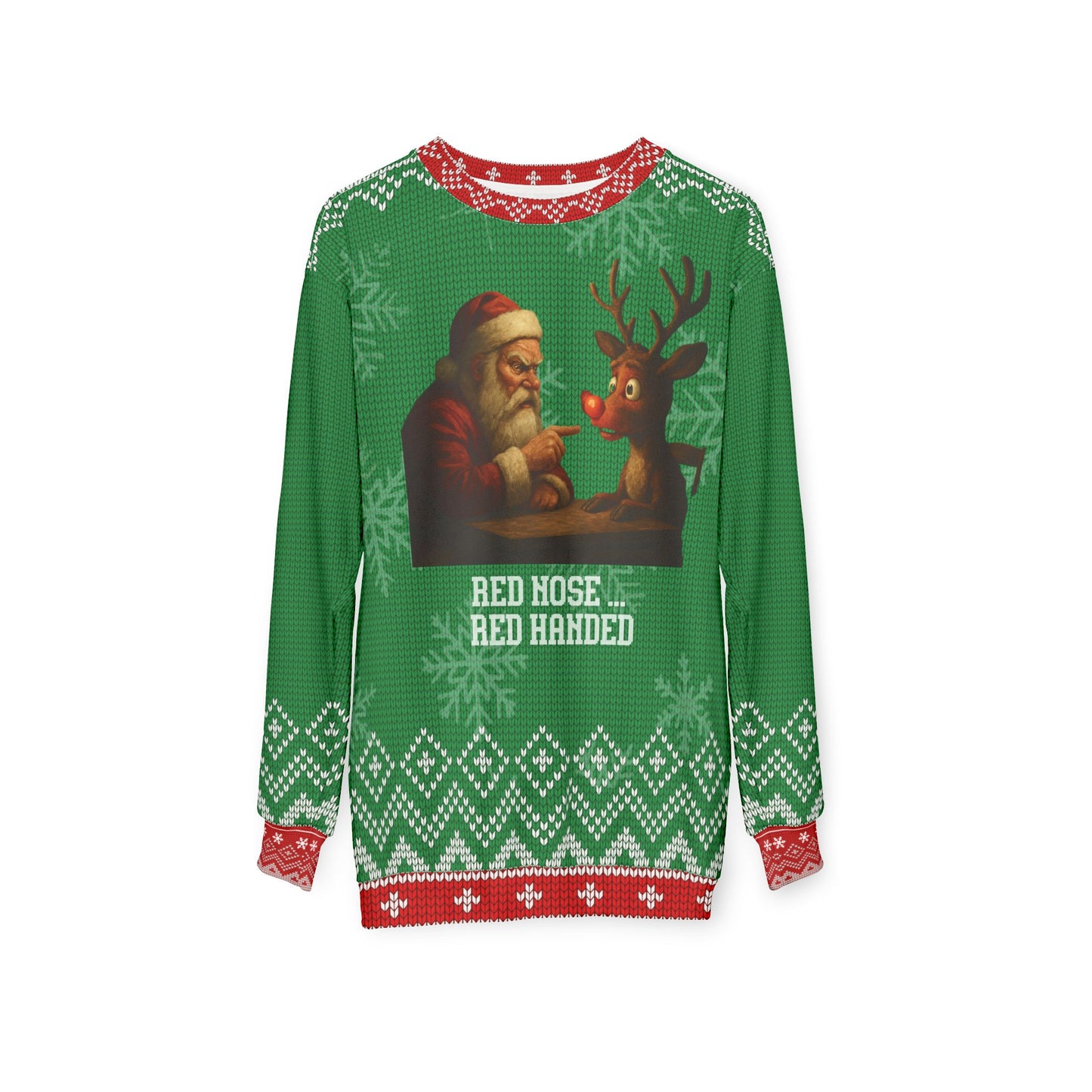 Red Nose Red Handed Ugly Christmas Sweater – Funny Santa & Rudolph Interrogation Sweatshirt | Crime Show Christmas Sweater for True Crime Fans
