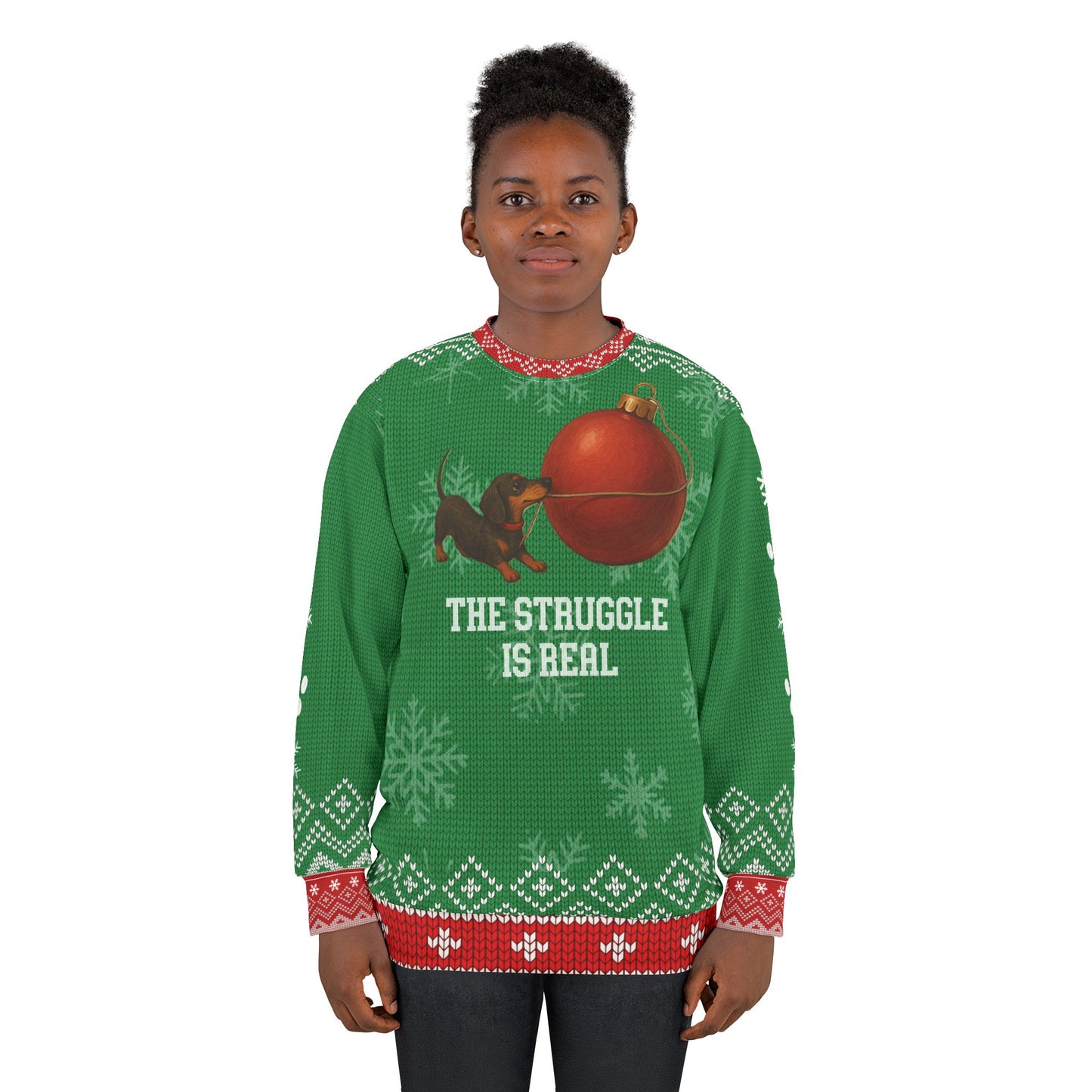 Dachshund Christmas Sweater – “The Struggle Is Real” Funny Holiday Sweatshirt