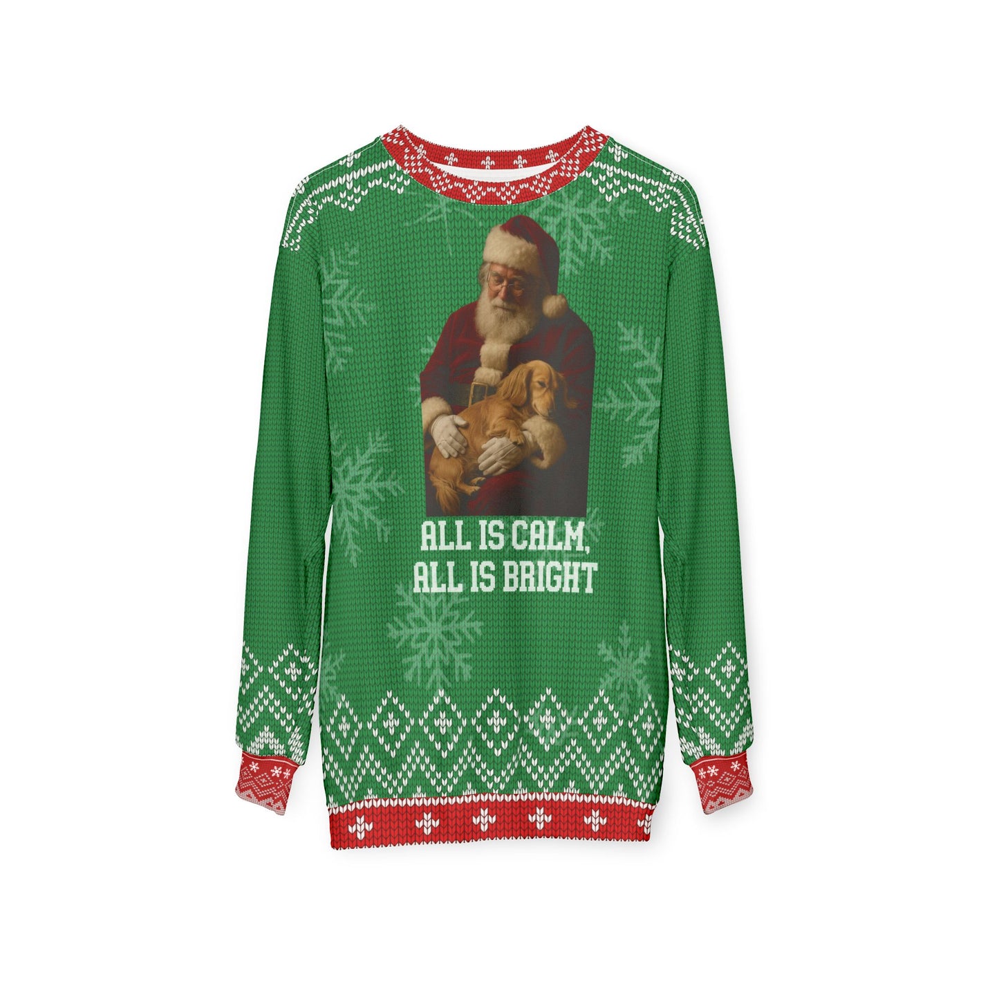 Santa & Dachshund Christmas Sweater – “All Is Calm, All Is Bright” Holiday Sweatshirt