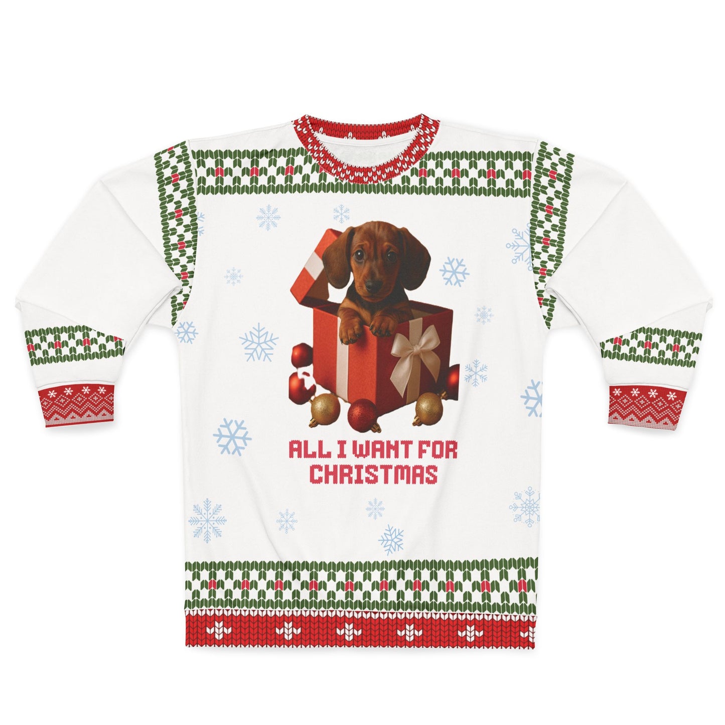 Dachshund “All I Want for Christmas” Holiday Sweater – Cute Puppy Gift Sweatshirt