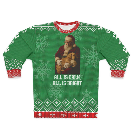 Santa & Dachshund Christmas Sweater – “All Is Calm, All Is Bright” Holiday Sweatshirt