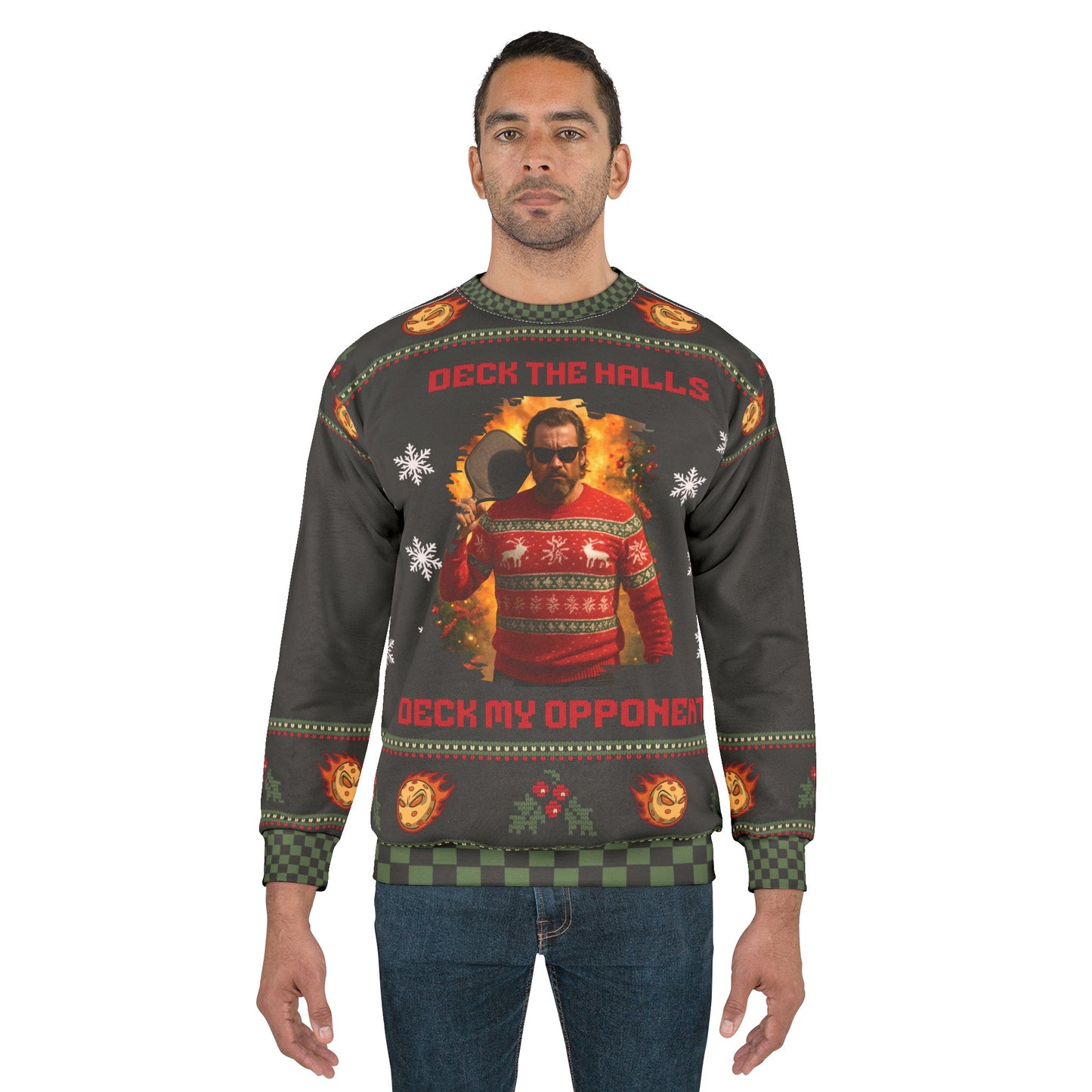 Funny PICKLEBALL Ugly Christmas Sweater | Deck the Halls Deck My Opponents Sweatshirt | Humor Holiday Pullover for Gamers & Tough Guys