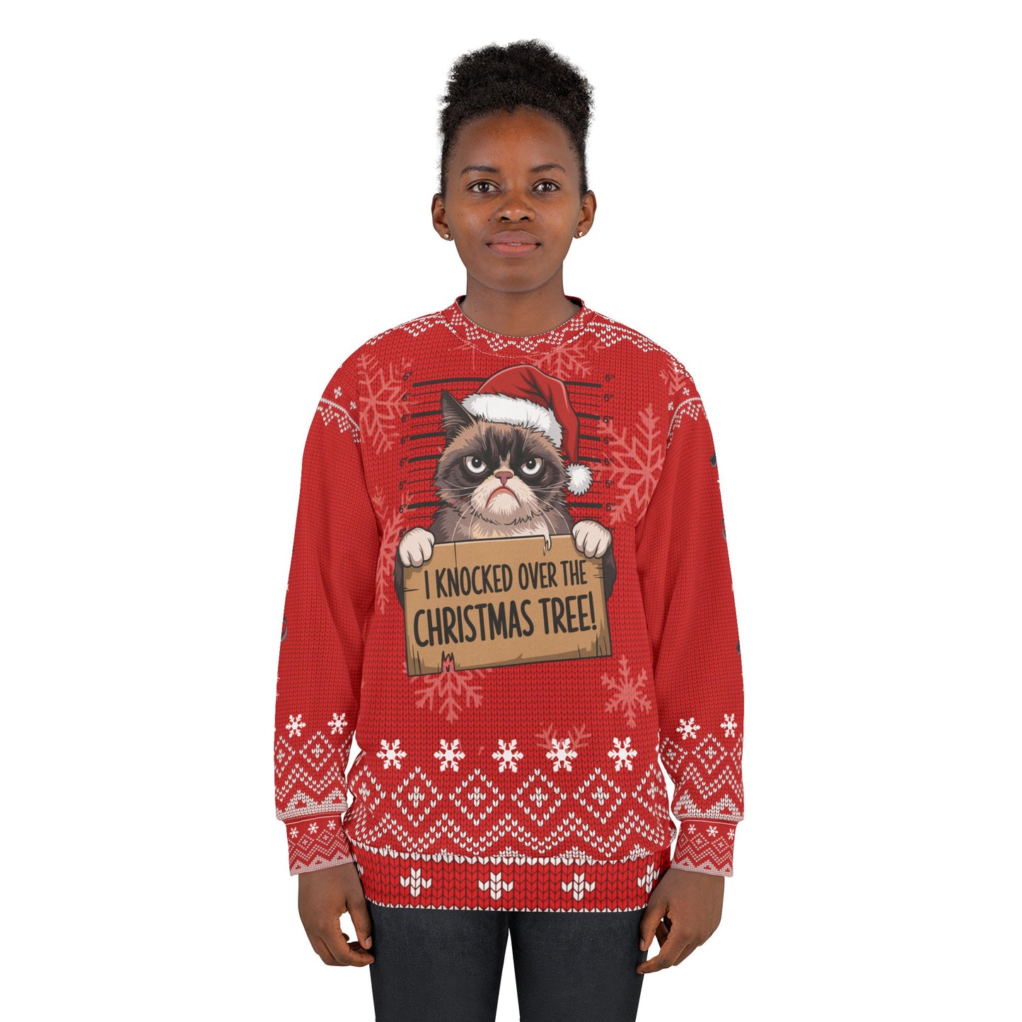 Funny Cat Mugshot Ugly Christmas Sweater – “I Knocked Over the Christmas Tree” Sweatshirt | Crime Show Christmas Sweater for Cat Lovers & True Crime Fans