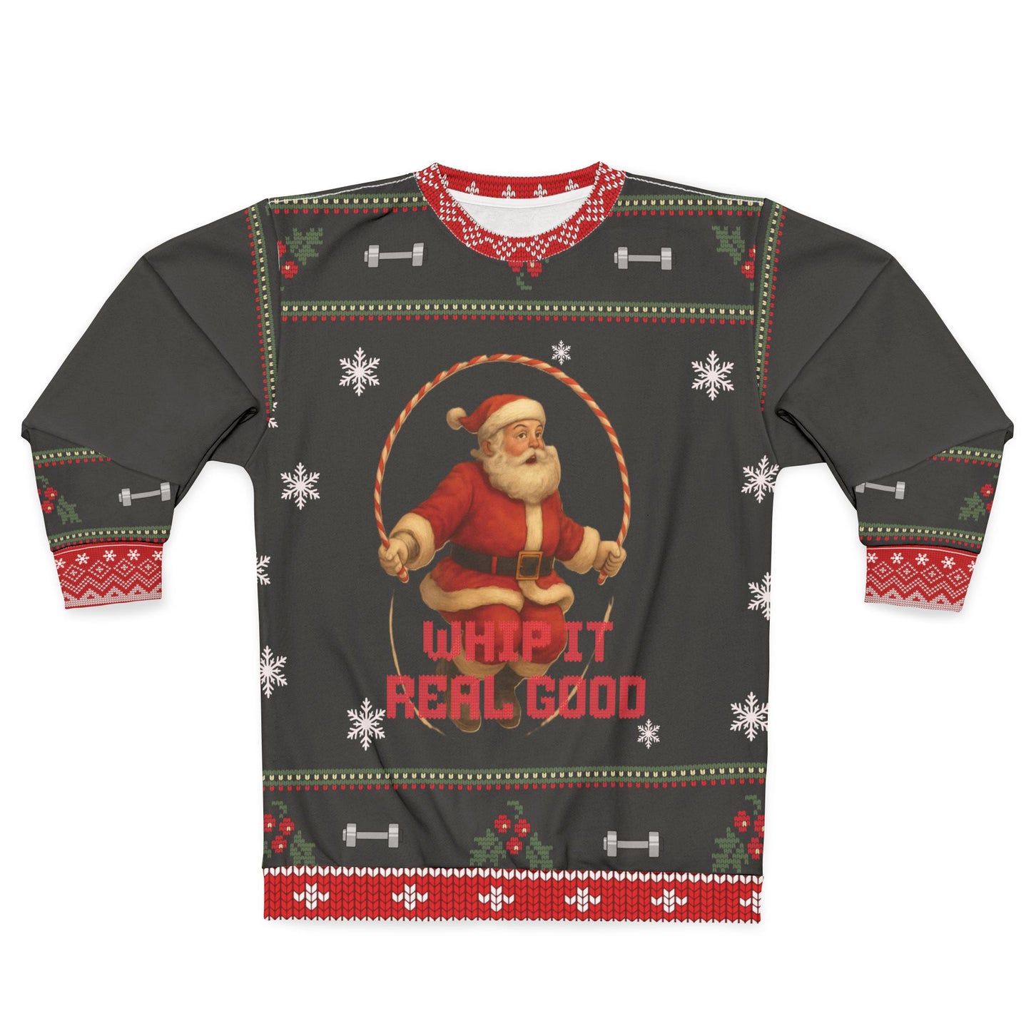Whip It Real Good Funny CrossFit Ugly Christmas Sweater – Santa Jump Rope Holiday Sweatshirt, Fitness Xmas Gift for Gym Lovers