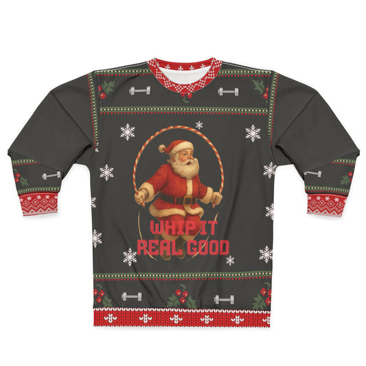 Whip It Real Good Funny CrossFit Ugly Christmas Sweater – Santa Jump Rope Holiday Sweatshirt, Fitness Xmas Gift for Gym Lovers
