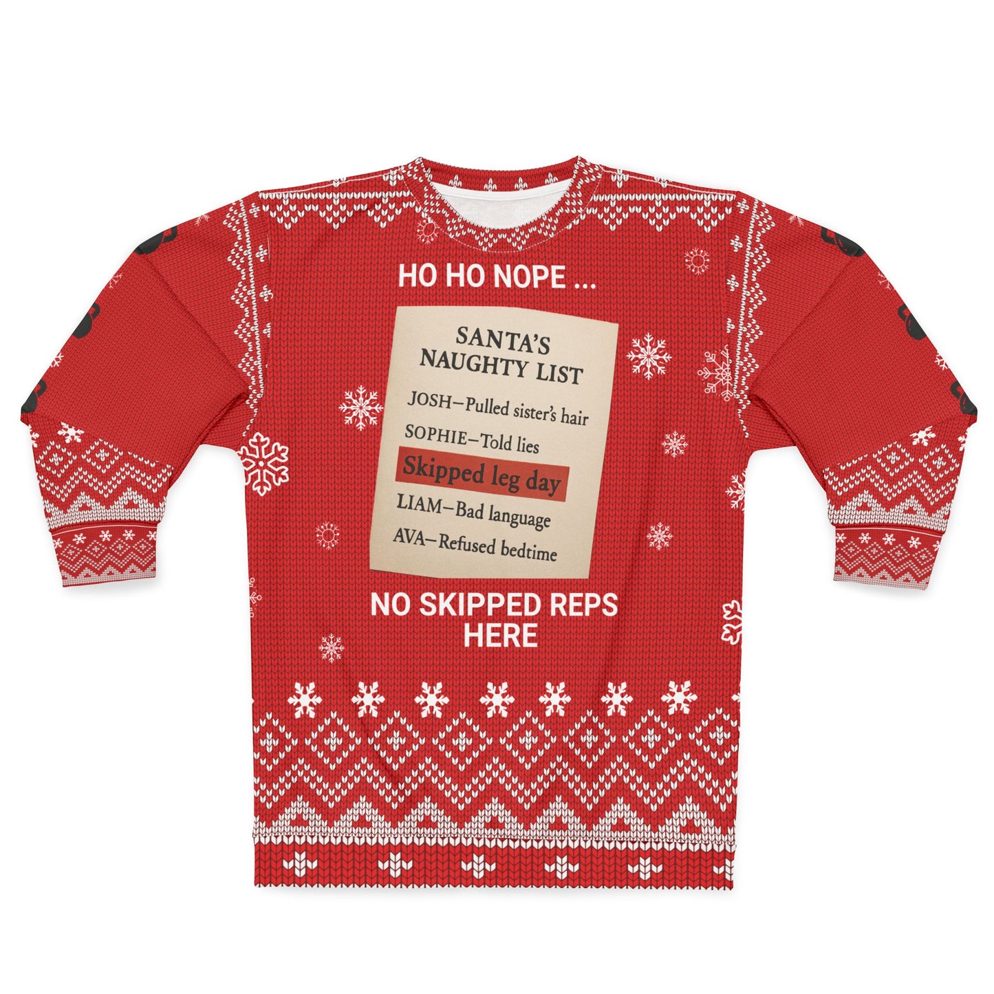 “No Skipped Reps Here” CrossFit Ugly Christmas Sweater – Naughty List Gym Sweatshirt