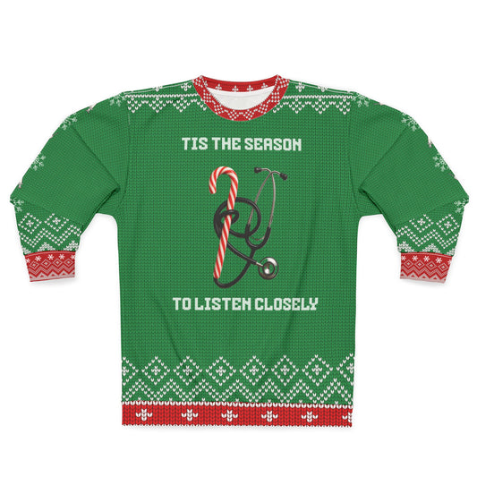 Nurse Christmas Sweater | ’Tis the Season to Listen Closely | Stethoscope Candy Cane Funny Nurse Xmas Sweatshirt | RN LPN Holiday Gift