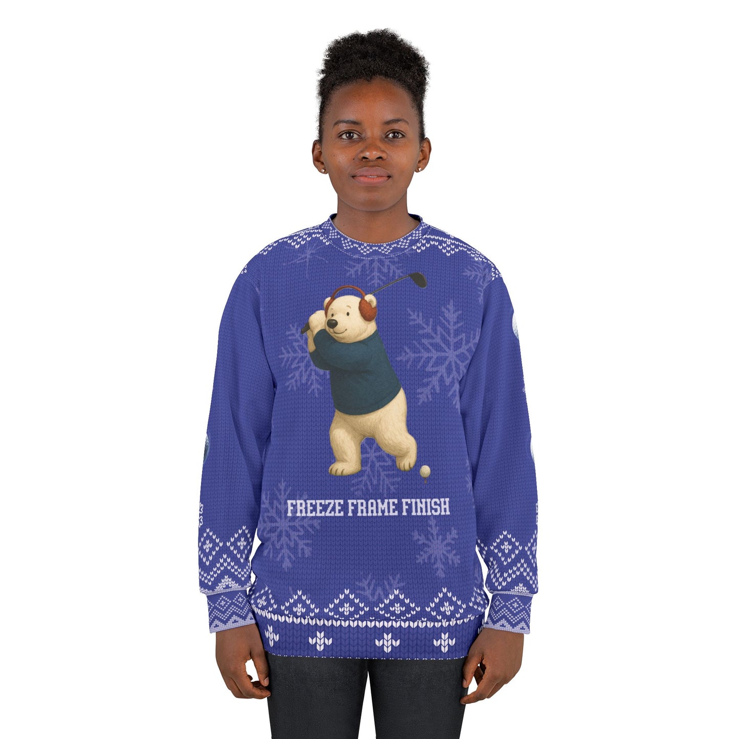 Freeze Frame Finish Ugly Christmas Sweater – Funny Golf Polar Bear Christmas Sweatshirt | Holiday Sweater for Golfers & Winter Golf Gift for Him or Her