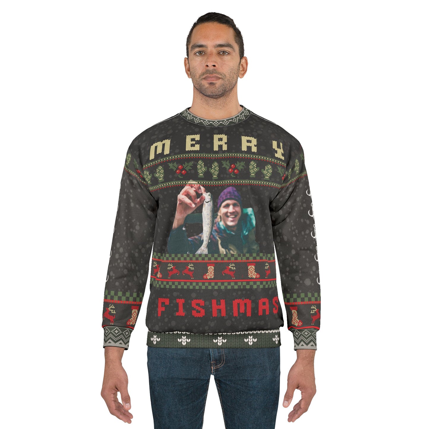 UGLY Christmas Sweater - Merry FISHMAS - Great gift for the Big-Mouthed Fisher in your Life!