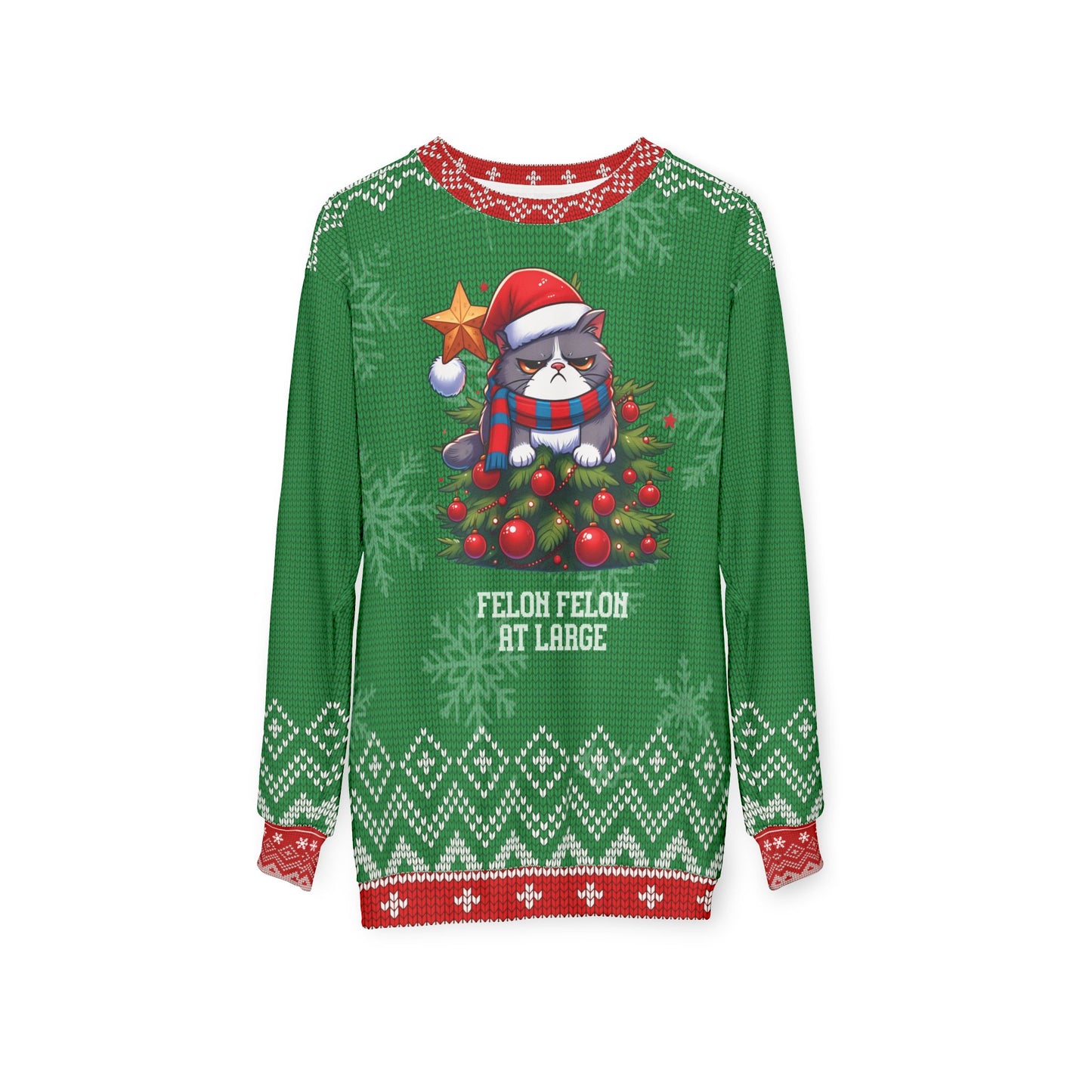 Felon Feline Ugly Christmas Sweater – Funny Cat Crime Show Christmas Sweatshirt | “Felon Feline at Large” Holiday Sweater for True Crime Lovers