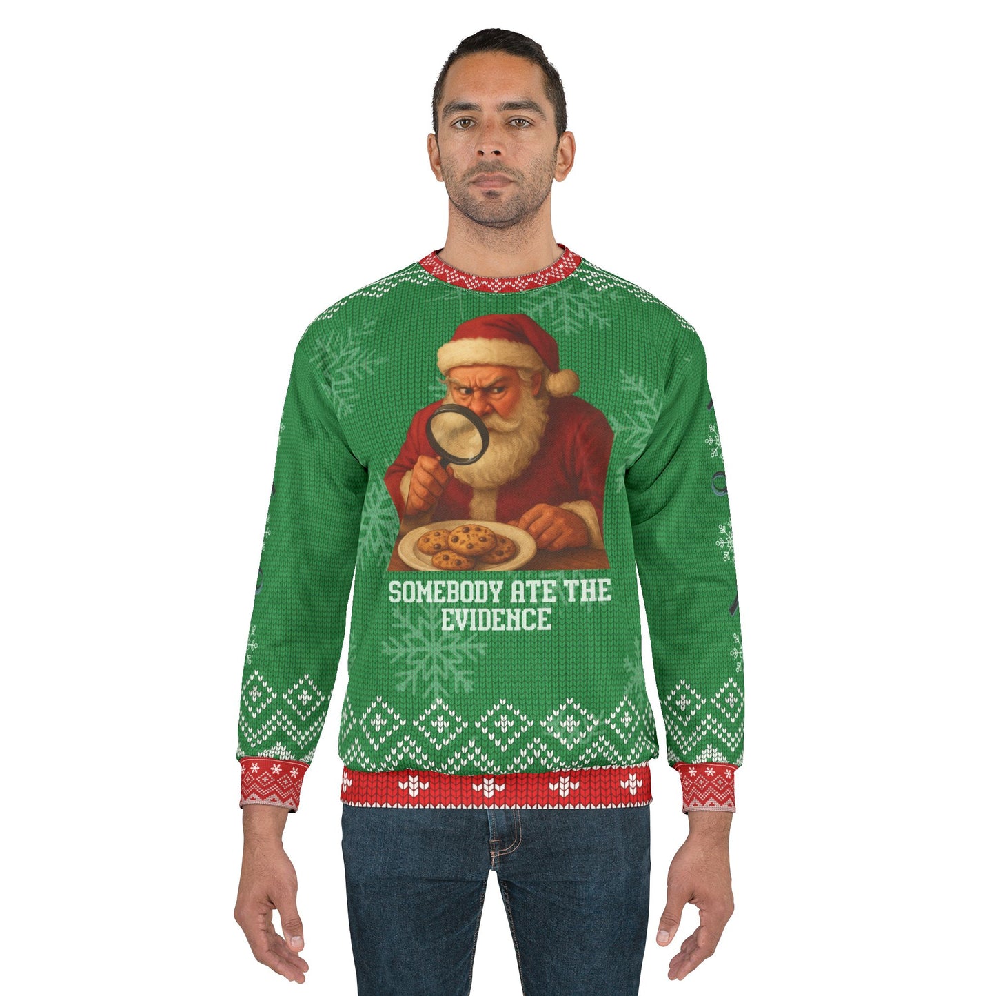 Funny Santa Christmas Sweater – “Somebody Ate the Evidence” Ugly Christmas Sweatshirt | Hilarious Holiday Sweater for Cookie & True Crime Lovers