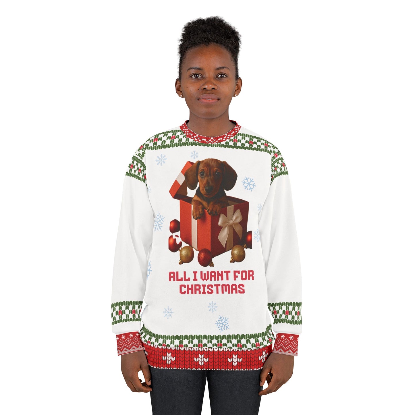 Dachshund “All I Want for Christmas” Holiday Sweater – Cute Puppy Gift Sweatshirt