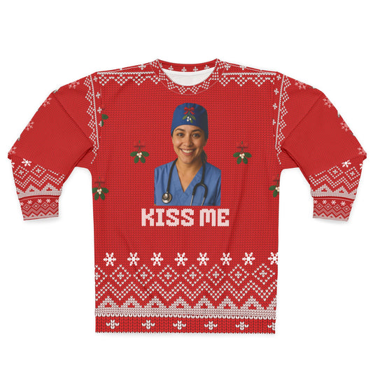 Kiss Me Nurse Christmas Sweater | Mistletoe RN LPN CNA Ugly Xmas Sweater | Funny Medical Holiday Sweatshirt | Nurse Christmas Gift