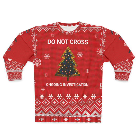 Crime Scene Christmas Sweater – Funny “Do Not Cross, Ongoing Investigation” Ugly Christmas Sweatshirt | True Crime Holiday Sweater for Mystery Lovers