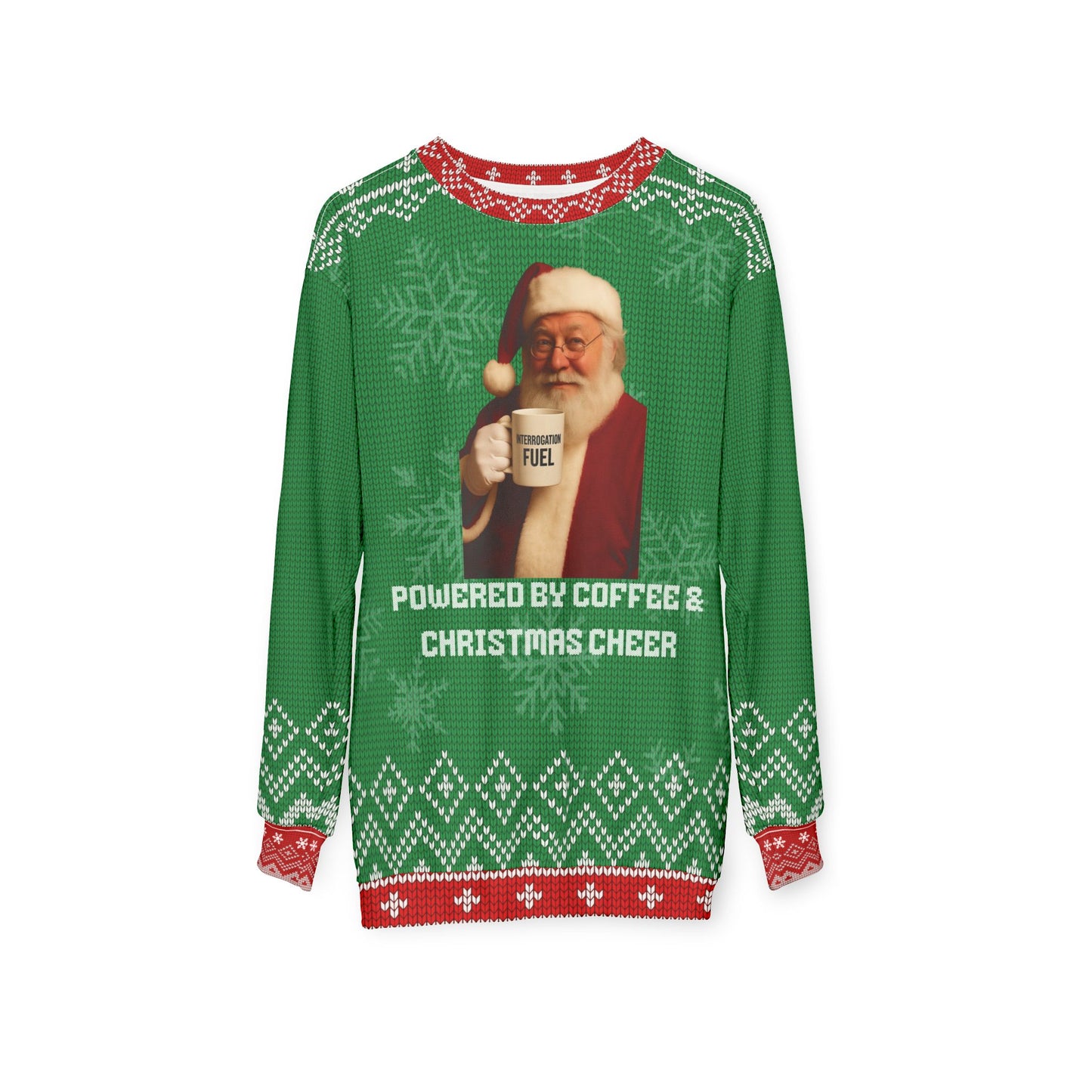 Powered by Coffee & Christmas Cheer Ugly Christmas Sweater – Funny Santa Crime Show Sweatshirt | “Interrogation Fuel” Holiday Sweater for True Crime Fans