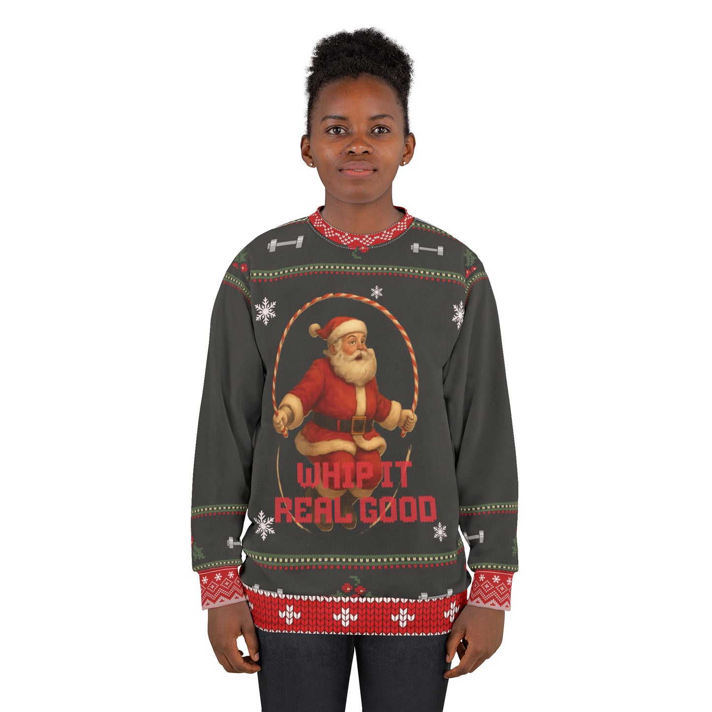 Whip It Real Good Funny CrossFit Ugly Christmas Sweater – Santa Jump Rope Holiday Sweatshirt, Fitness Xmas Gift for Gym Lovers