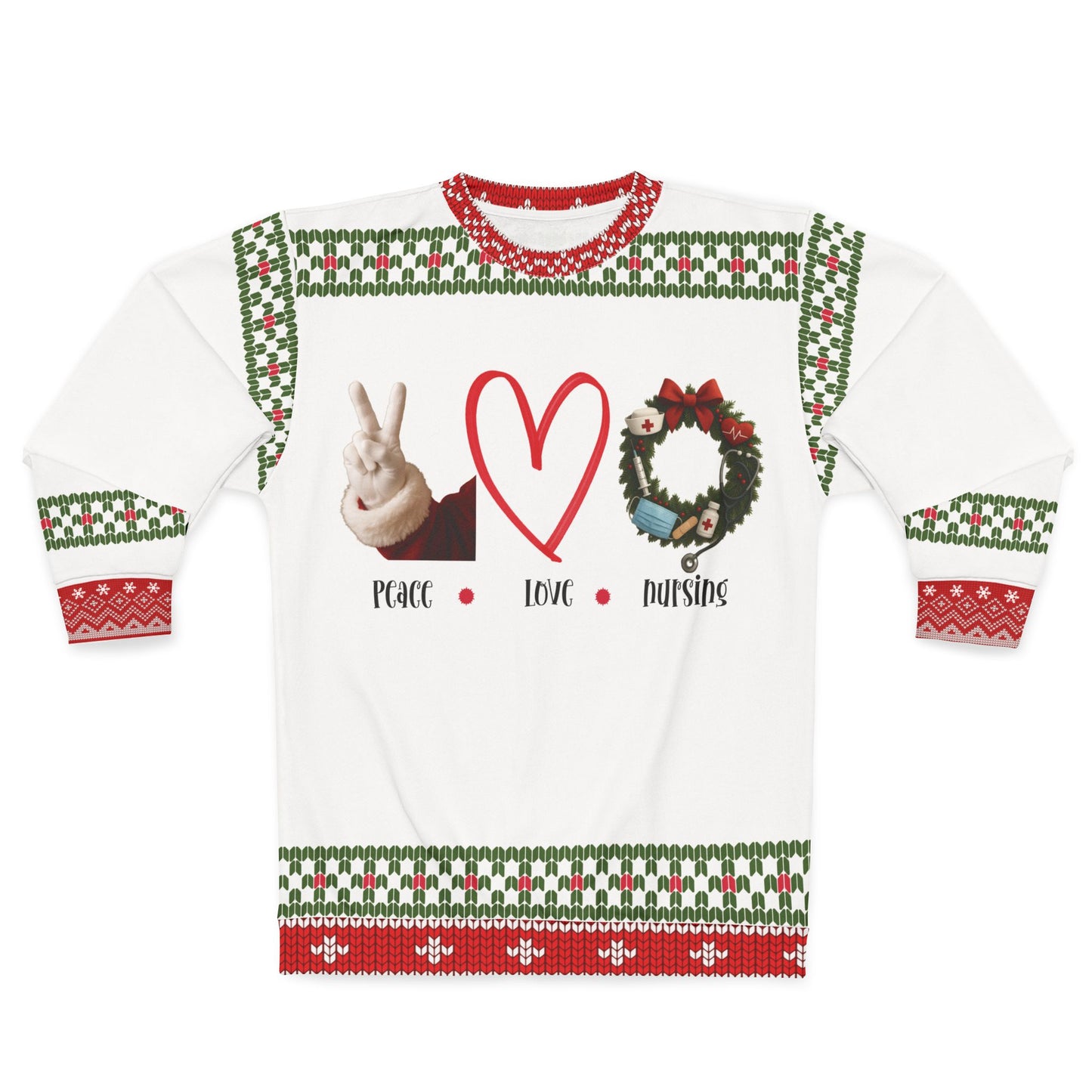 Peace Love Nursing Christmas Sweater | Nurse Holiday Ugly Xmas Sweater | RN LPN CNA Medical Sweatshirt | Nurse Christmas Gift
