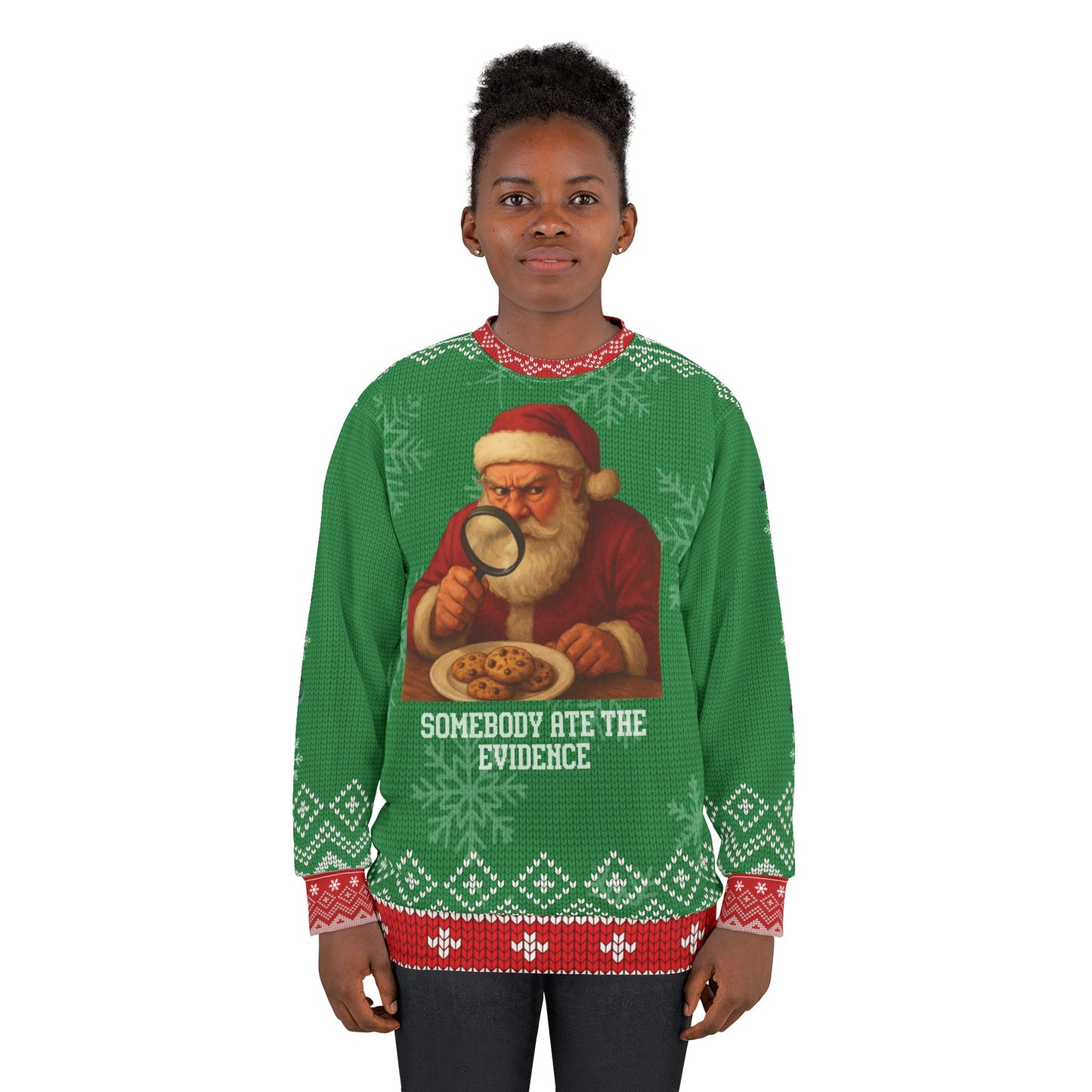 Funny Santa Christmas Sweater – “Somebody Ate the Evidence” Ugly Christmas Sweatshirt | Hilarious Holiday Sweater for Cookie & True Crime Lovers