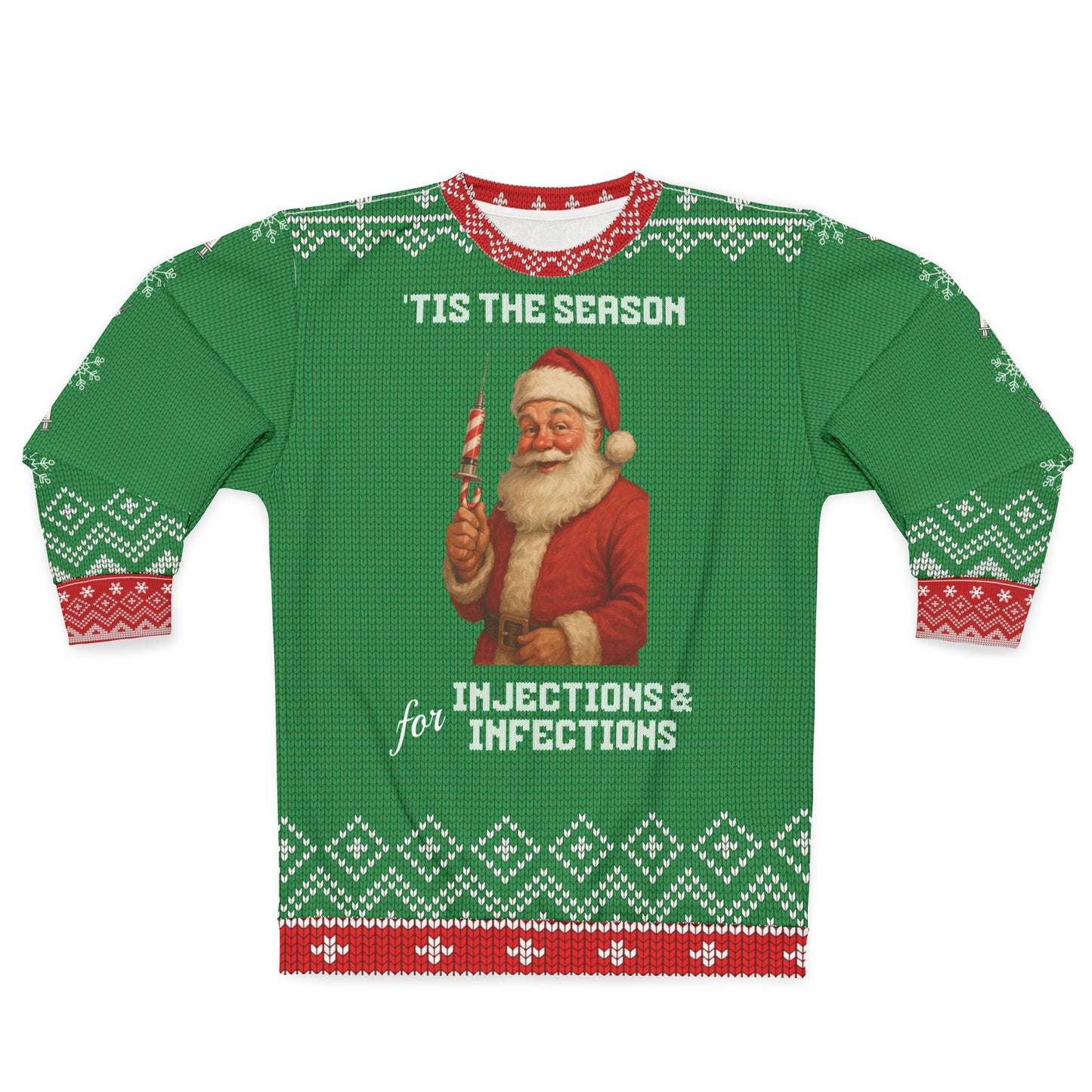 Santa Nurse Christmas Sweater | ’Tis the Season for Injections & Infections | Funny Medical Ugly Xmas Sweater | RN LPN CNA Doctor Holiday Gift