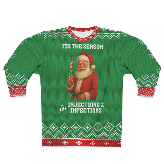 Santa Nurse Christmas Sweater | ’Tis the Season for Injections & Infections | Funny Medical Ugly Xmas Sweater | RN LPN CNA Doctor Holiday Gift