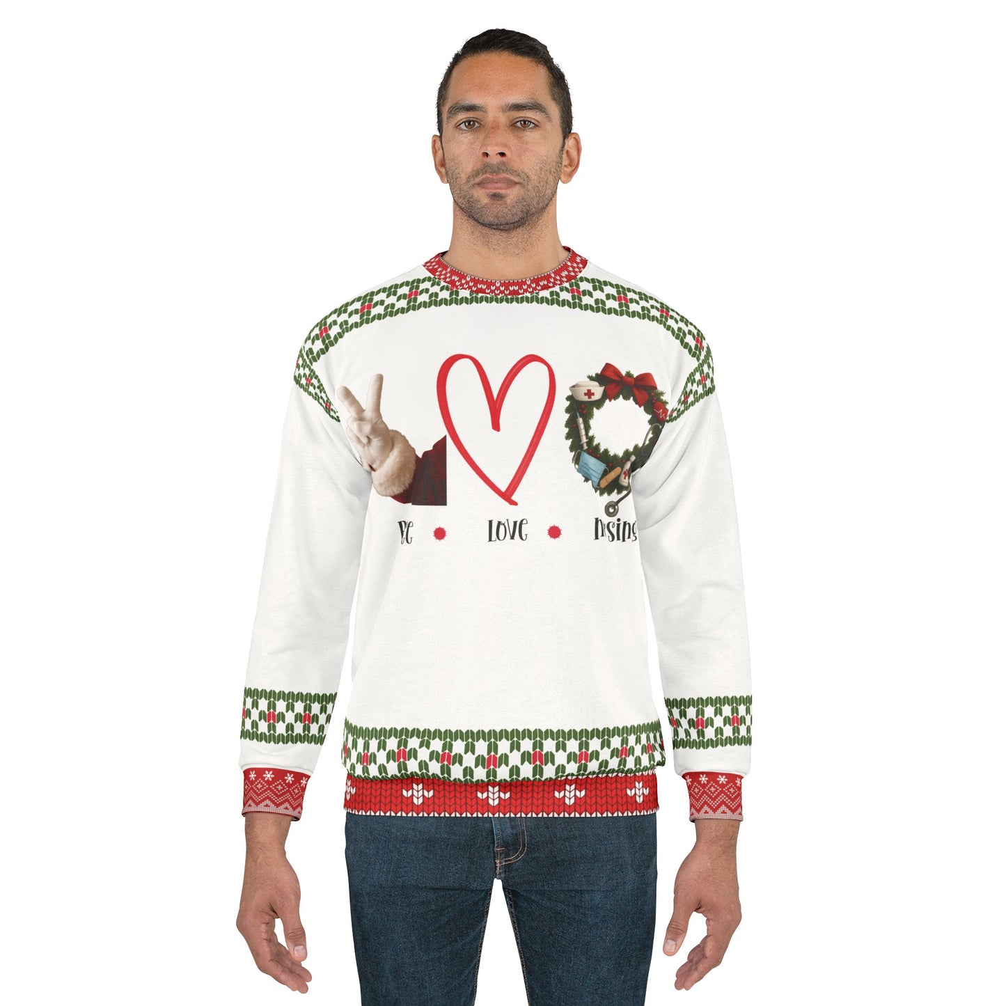 Peace Love Nursing Christmas Sweater | Nurse Holiday Ugly Xmas Sweater | RN LPN CNA Medical Sweatshirt | Nurse Christmas Gift
