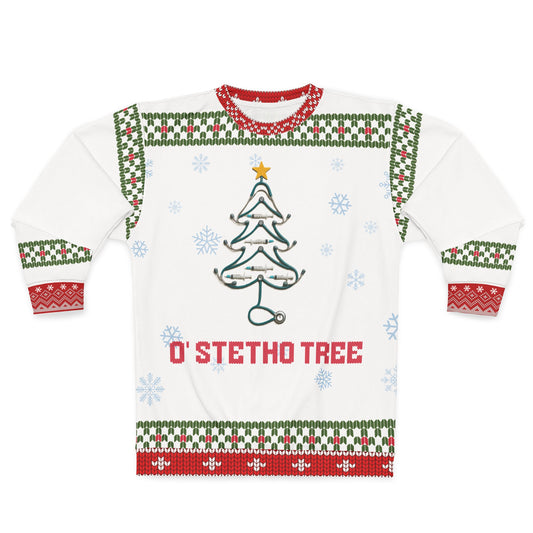 Ugly Christmas Sweater for Nurses | O’ Stetho Tree Stethoscope Holiday Sweatshirt | Funny Nurse Xmas Gift | RN LPN Medical Staff Sweater