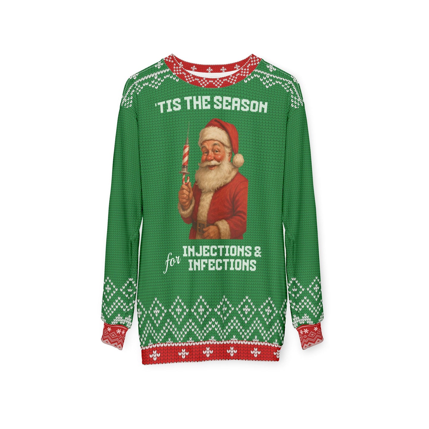Santa Nurse Christmas Sweater | ’Tis the Season for Injections & Infections | Funny Medical Ugly Xmas Sweater | RN LPN CNA Doctor Holiday Gift