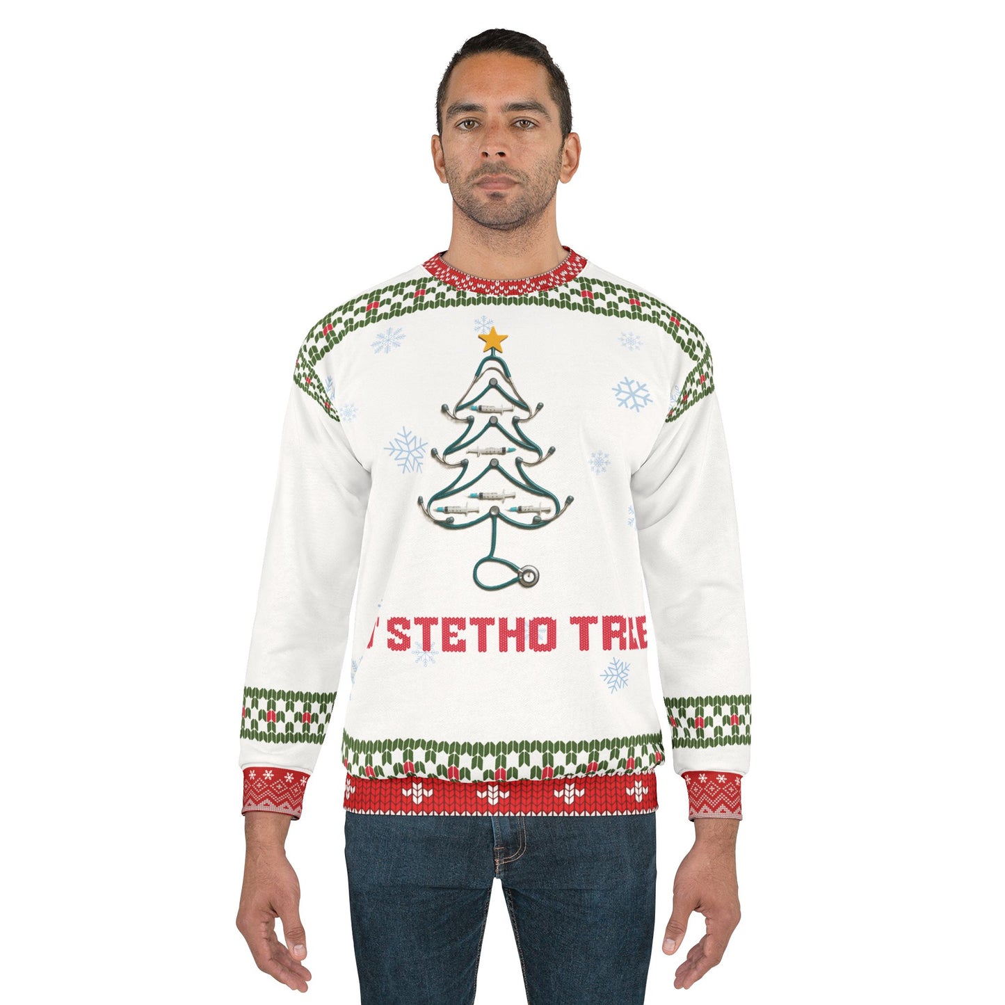 Ugly Christmas Sweater for Nurses | O’ Stetho Tree Stethoscope Holiday Sweatshirt | Funny Nurse Xmas Gift | RN LPN Medical Staff Sweater