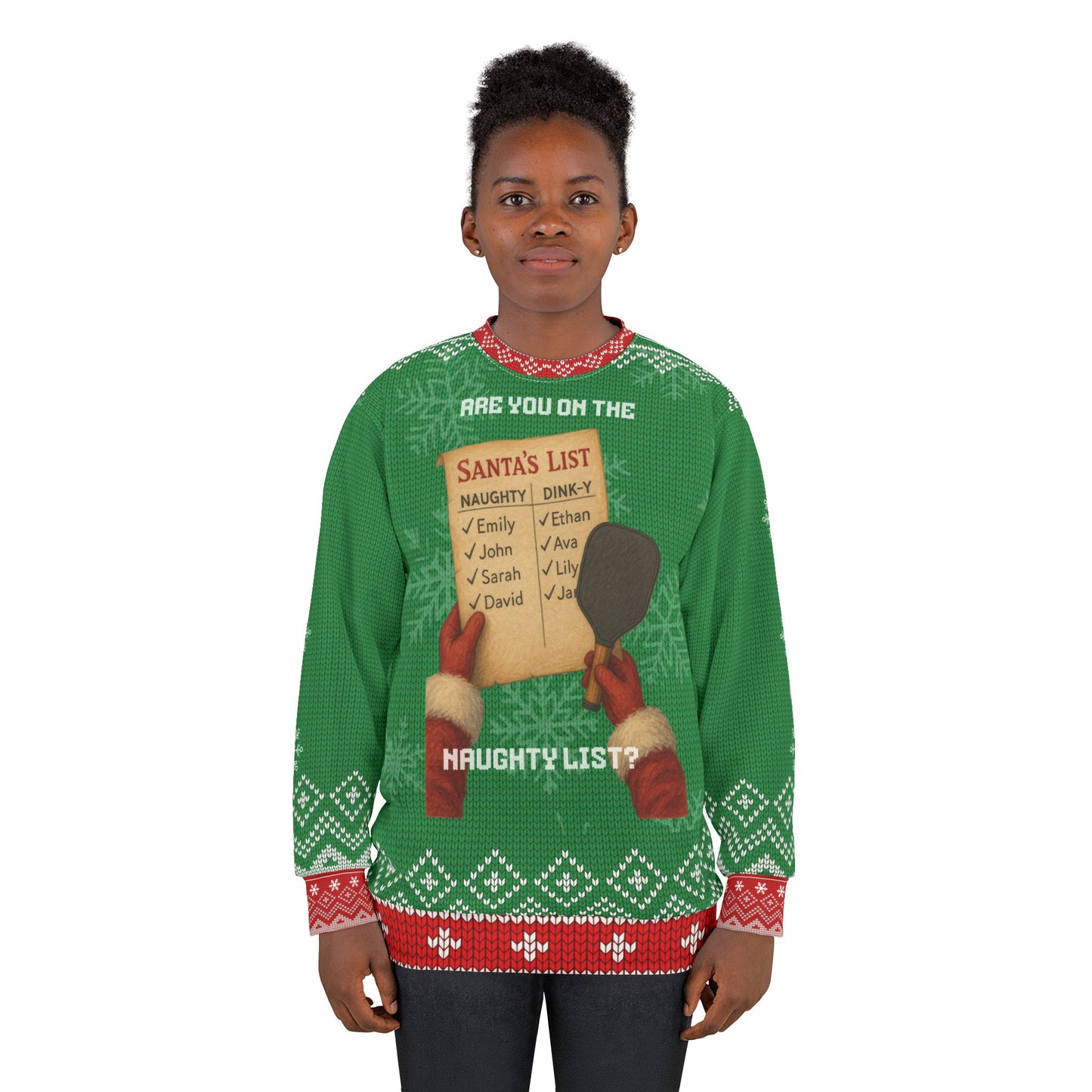 Funny Pickleball Ugly Christmas Sweater | Santa’s Naughty or Dink-y List Sweatshirt | Holiday Gift for Pickleball Players & Fans
