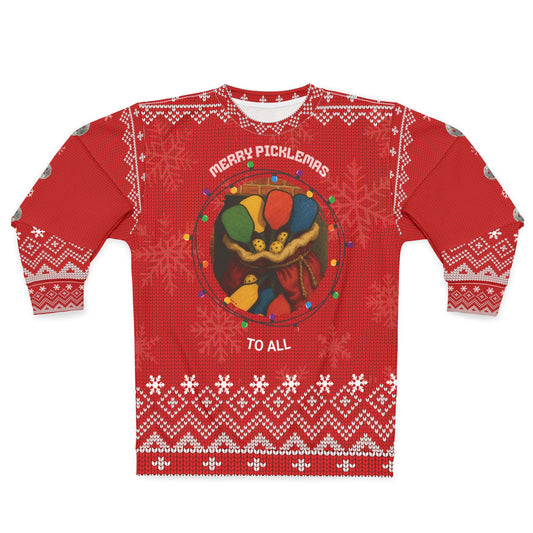 Funny Pickleball Ugly Christmas Sweater | Merry Picklemas to All Sweatshirt | Holiday Gift for Pickleball Players & Fans