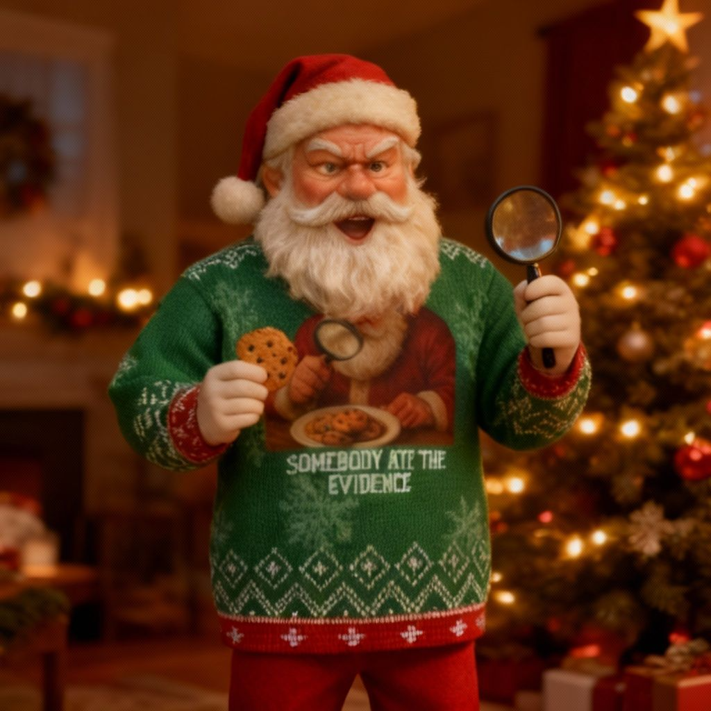 Funny Santa Christmas Sweater – “Somebody Ate the Evidence” Ugly Christmas Sweatshirt | Hilarious Holiday Sweater for Cookie & True Crime Lovers