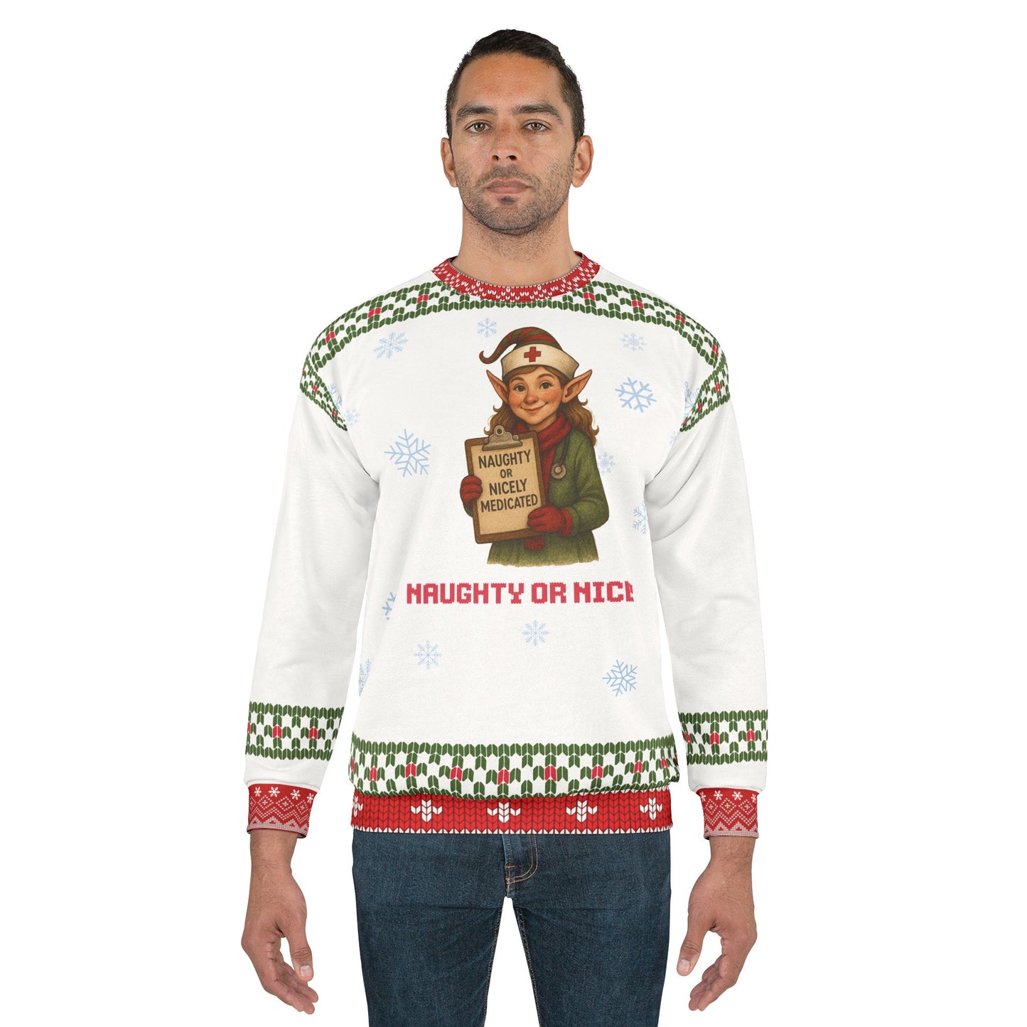 Naughty or Nicely Medicated Nurse Sweater | Nurse Elf Christmas Sweatshirt | Funny Medical Ugly Xmas Sweater | RN LPN CNA Holiday Gift