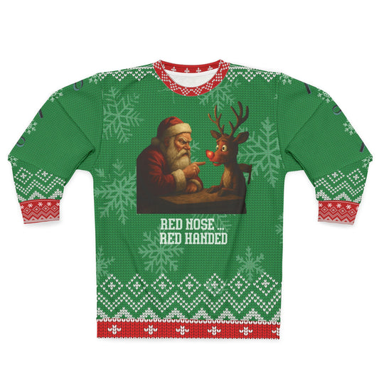 Red Nose Red Handed Ugly Christmas Sweater – Funny Santa & Rudolph Interrogation Sweatshirt | Crime Show Christmas Sweater for True Crime Fans