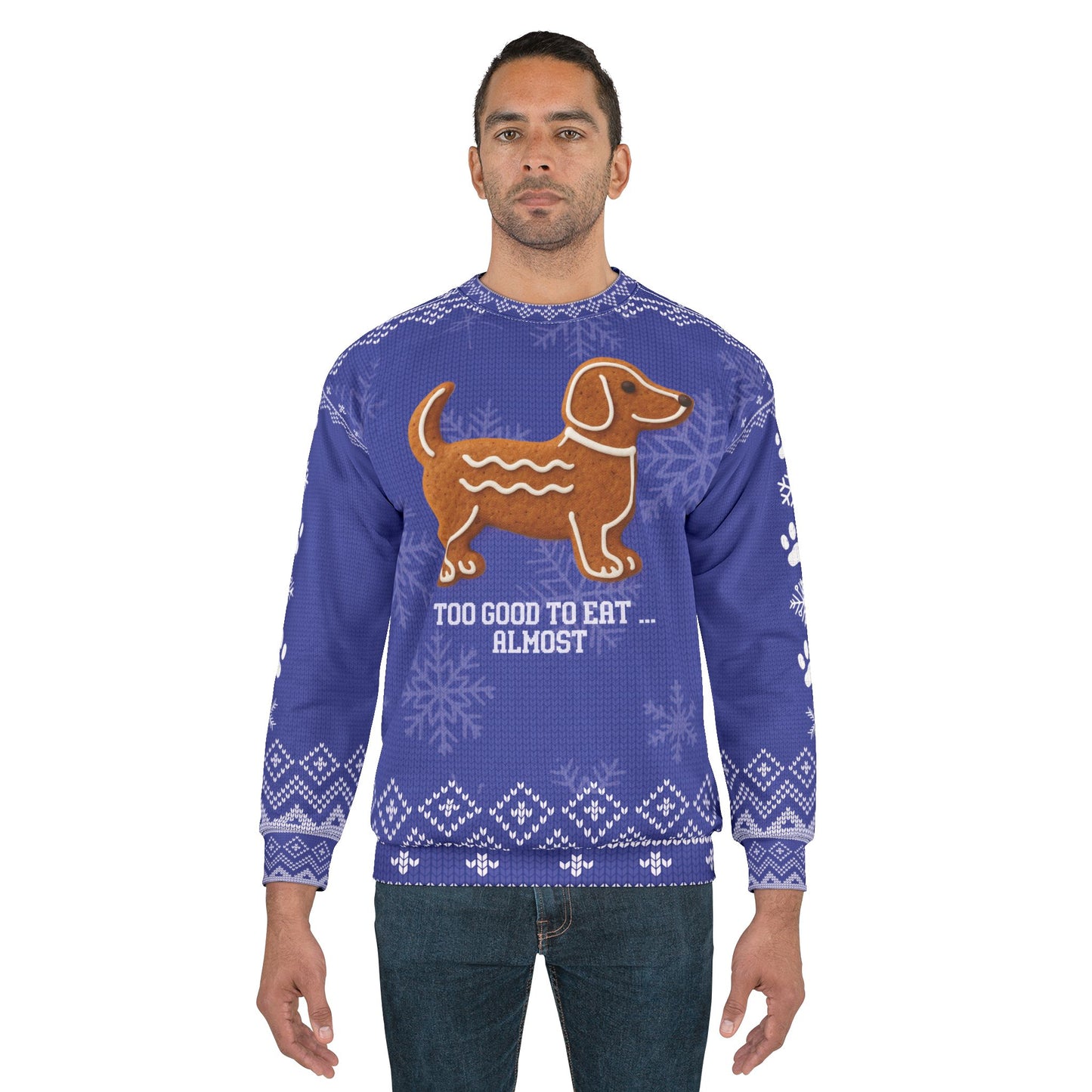 Gingerbread Dachshund Christmas Sweater – “Too Good to Eat… Almost” Funny Holiday Sweatshirt
