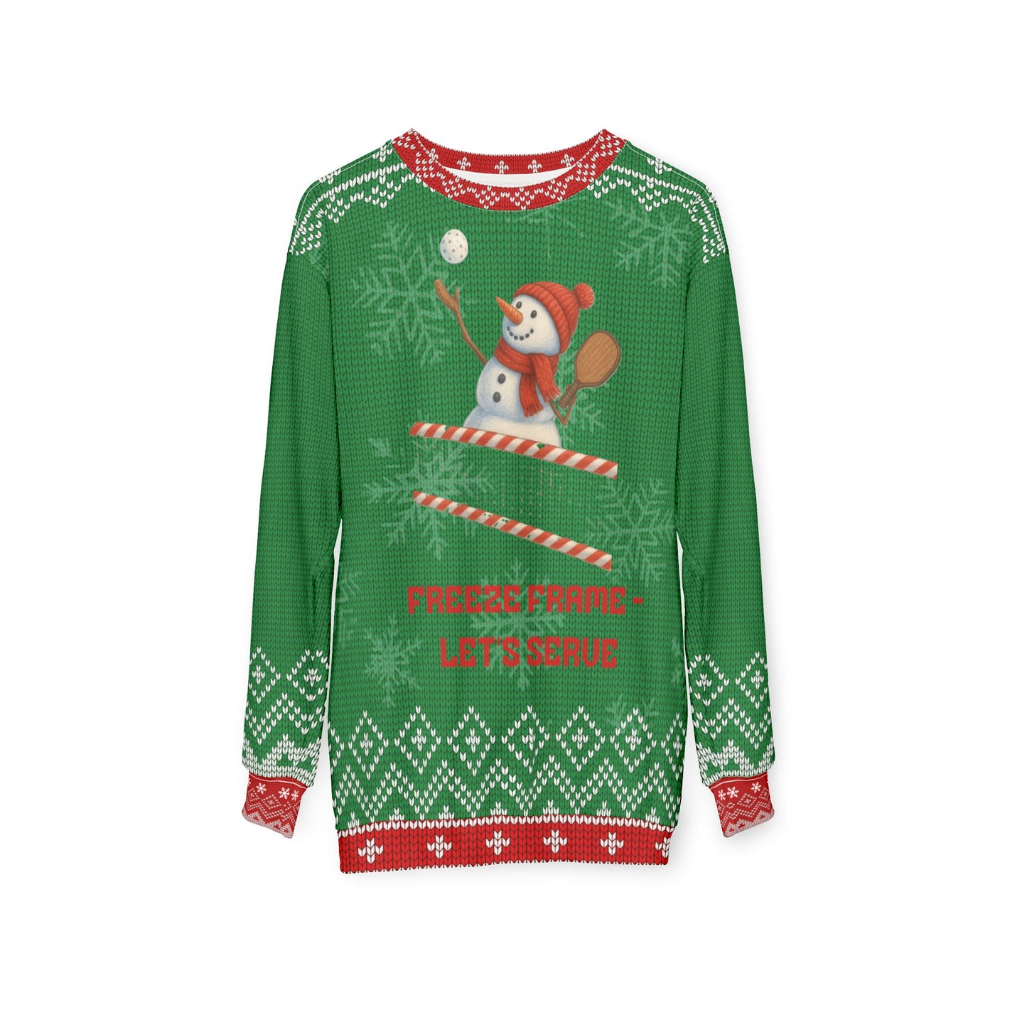 Funny Pickleball Ugly Christmas Sweater | Freeze Frame Snowman Let’s Serve Sweatshirt | Holiday Gift for Pickleball Players