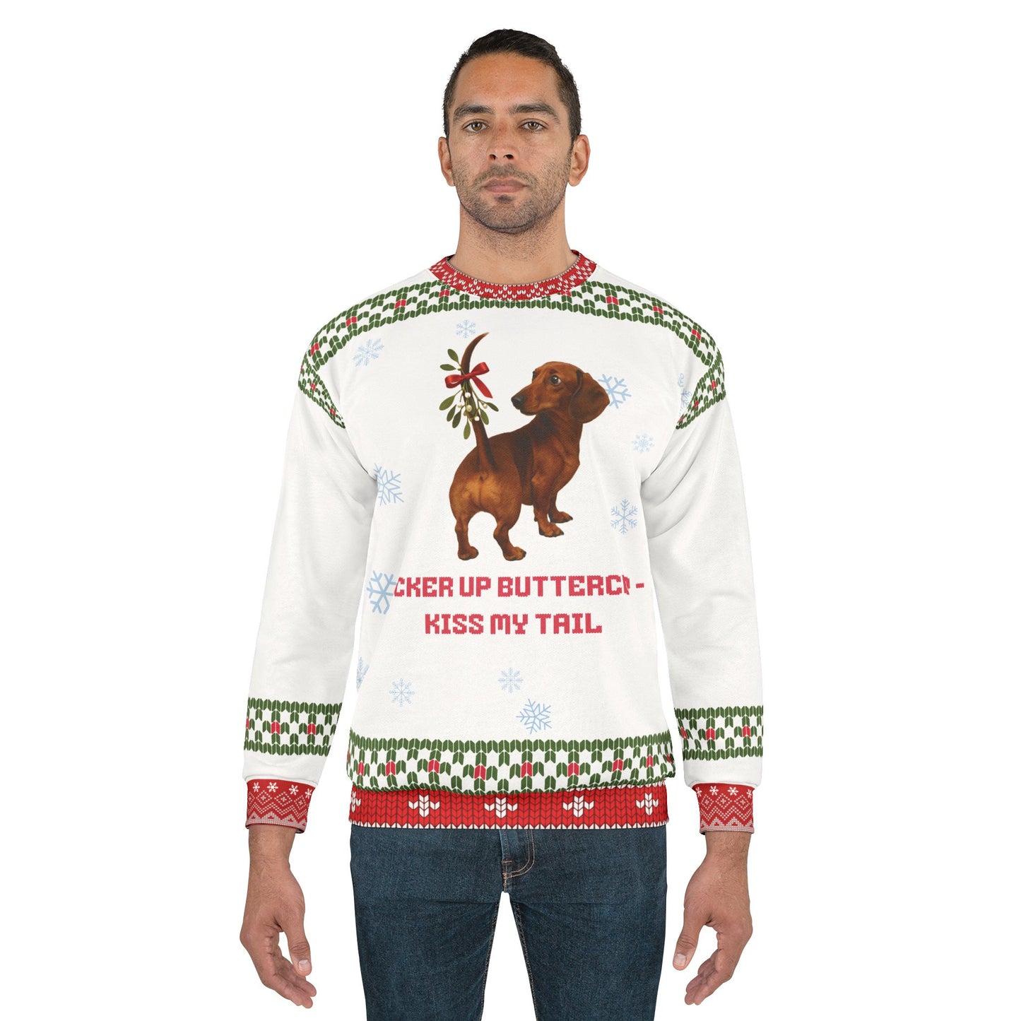 Funny Dachshund Christmas Sweater • Pucker Up Buttercup Doxie Sweatshirt • Wiener Dog Ugly Xmas Sweater • Dog Lover Holiday Gift