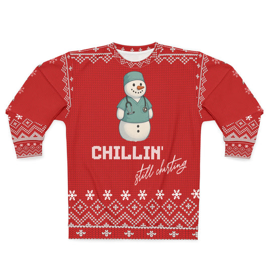 Nurse Christmas Sweater | Chillin’ Still Charting Snowman | Funny Nurse Ugly Xmas Sweater | RN LPN CNA Holiday Sweatshirt | Medical Staff Gift