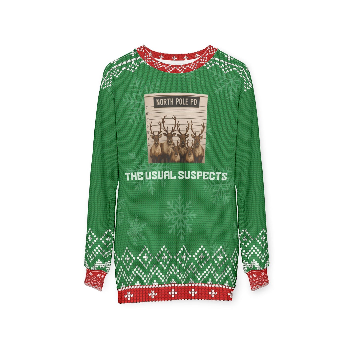 Funny Reindeer Christmas Sweater – “North Pole PD: The Usual Suspects” Ugly Christmas Sweatshirt | Hilarious Holiday Party Sweater for Men & Women