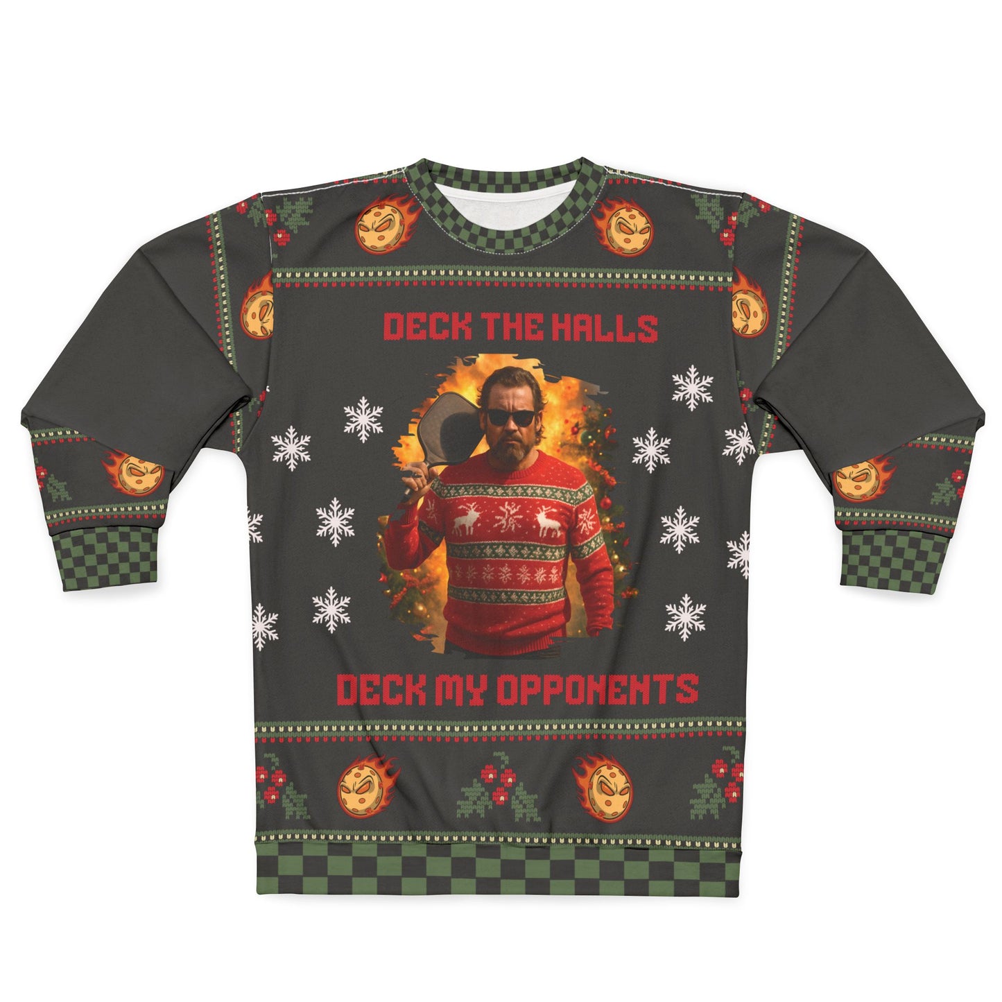 Funny PICKLEBALL Ugly Christmas Sweater | Deck the Halls Deck My Opponents Sweatshirt | Humor Holiday Pullover for Gamers & Tough Guys
