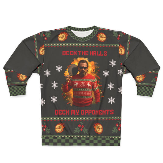 Funny PICKLEBALL Ugly Christmas Sweater | Deck the Halls Deck My Opponents Sweatshirt | Humor Holiday Pullover for Gamers & Tough Guys